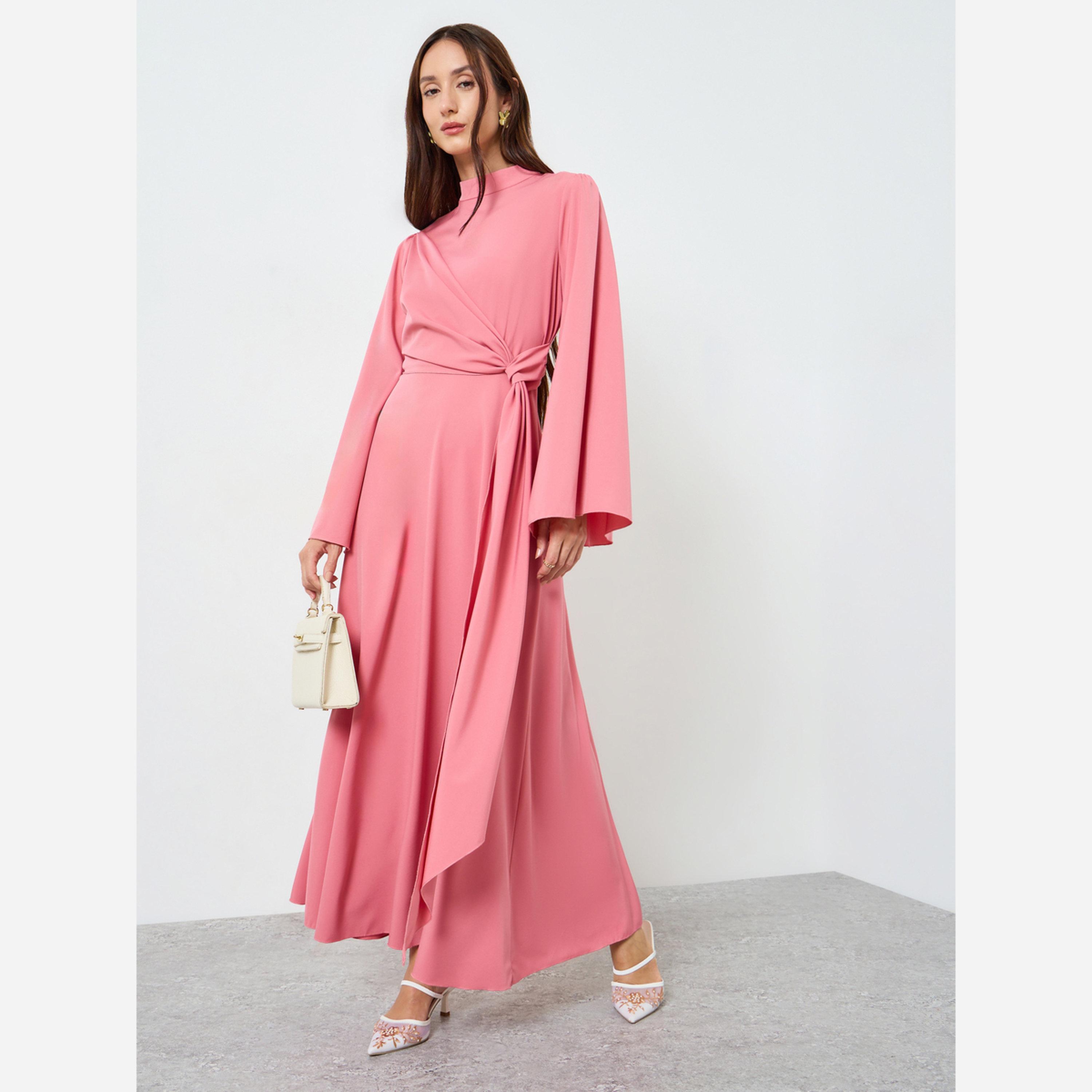 تيك تو - فستان متوسط الطول نسائي سادة ياقة دائرية وحزام وأكمام واسعة وحافة مكشكشة-women-clothing-dresses-image-1