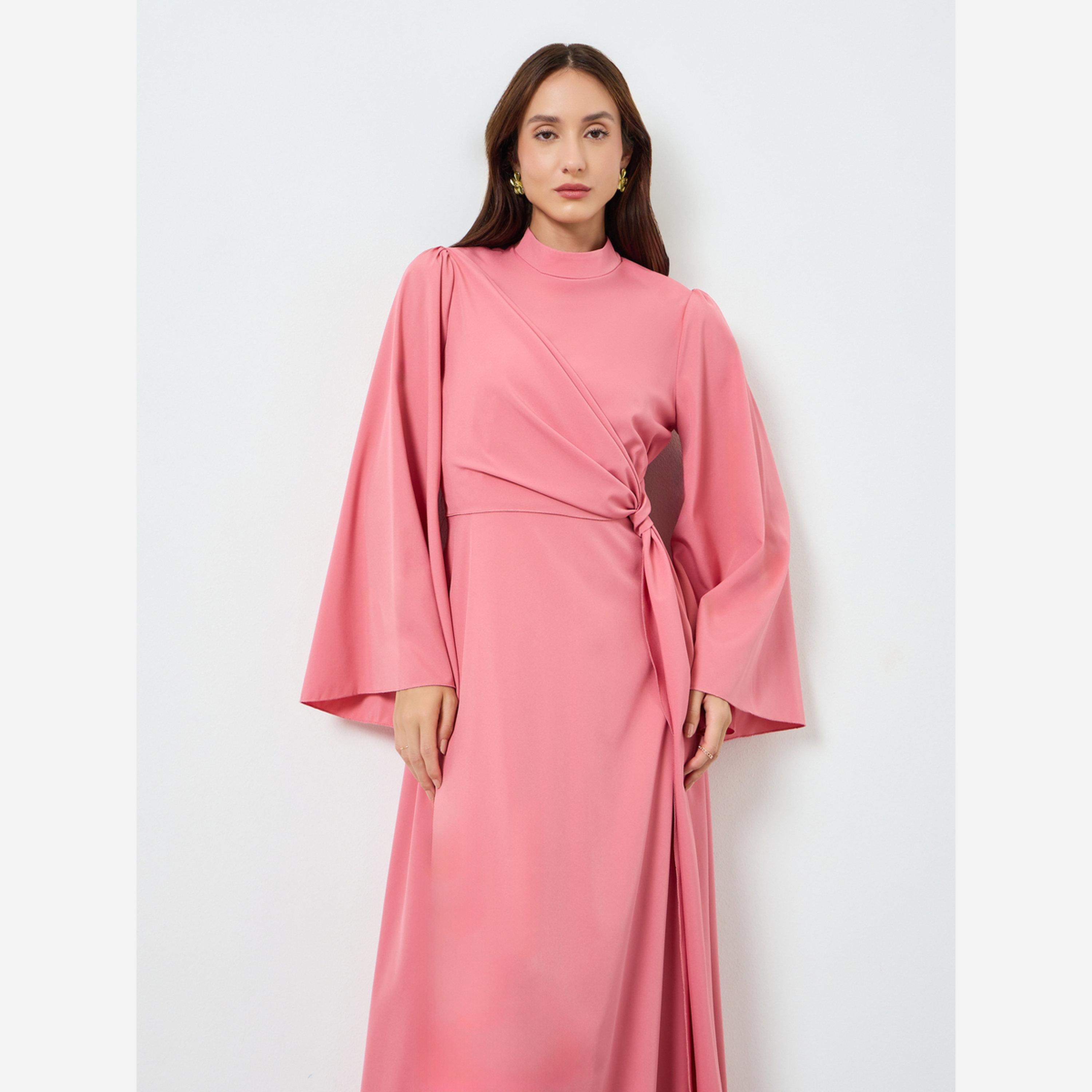 تيك تو - فستان متوسط الطول نسائي سادة ياقة دائرية وحزام وأكمام واسعة وحافة مكشكشة-women-clothing-dresses-image-2