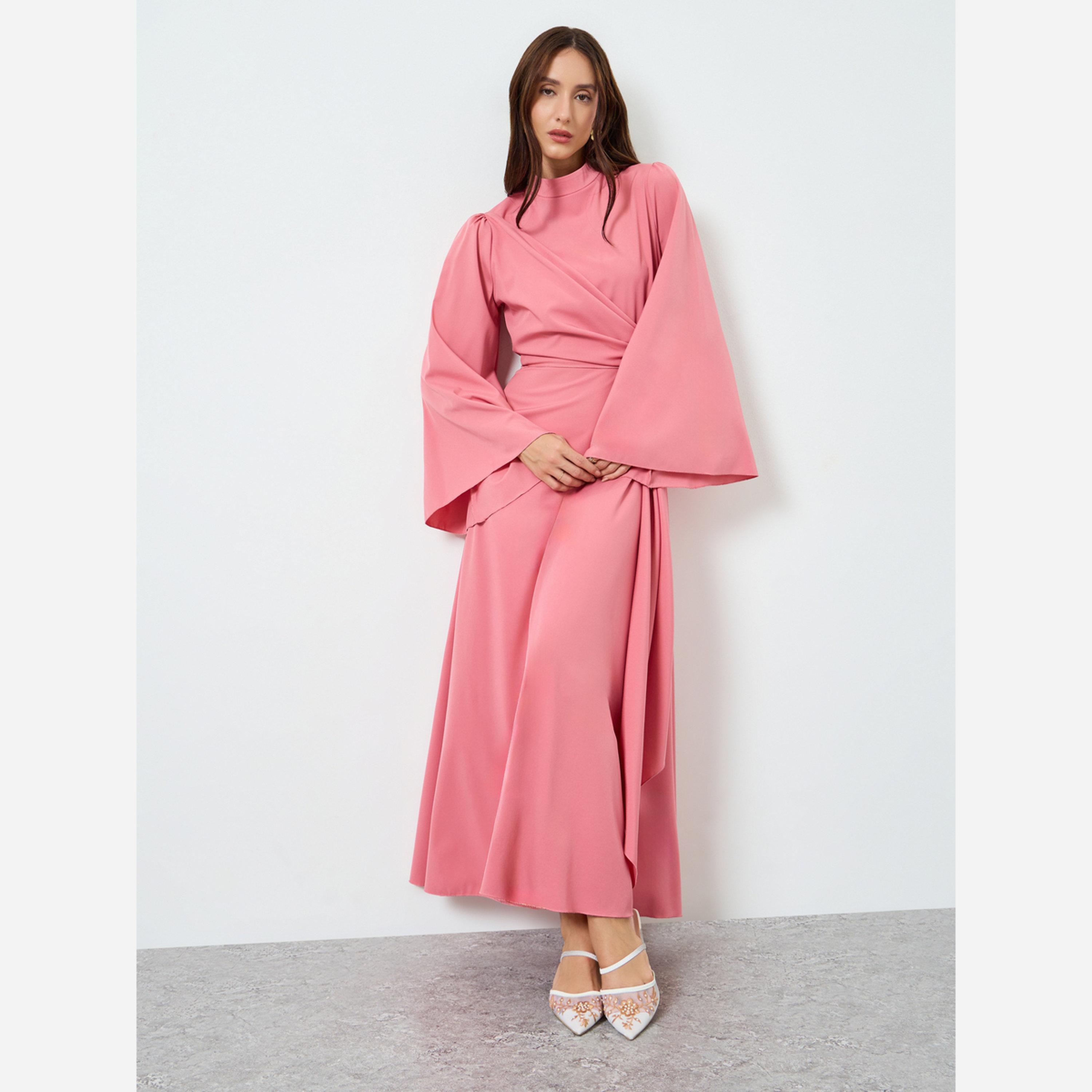 تيك تو - فستان متوسط الطول نسائي سادة ياقة دائرية وحزام وأكمام واسعة وحافة مكشكشة-women-clothing-dresses-image-3