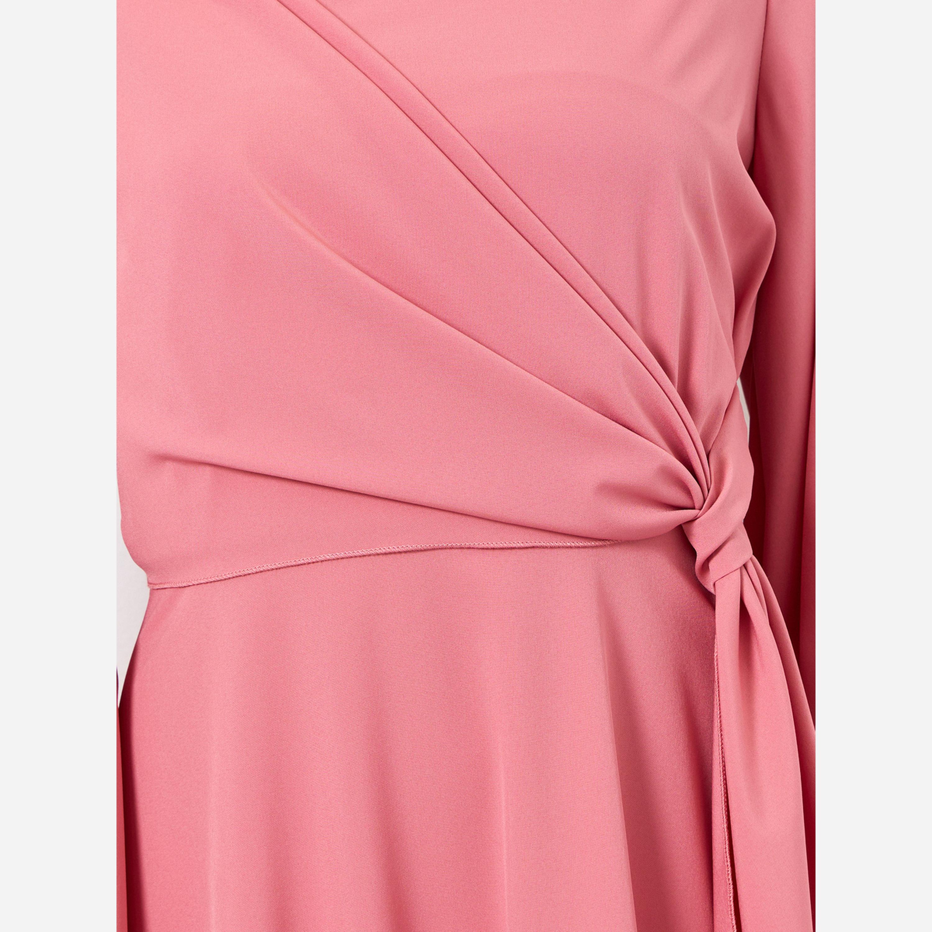 تيك تو - فستان متوسط الطول نسائي سادة ياقة دائرية وحزام وأكمام واسعة وحافة مكشكشة-women-clothing-dresses-image-4