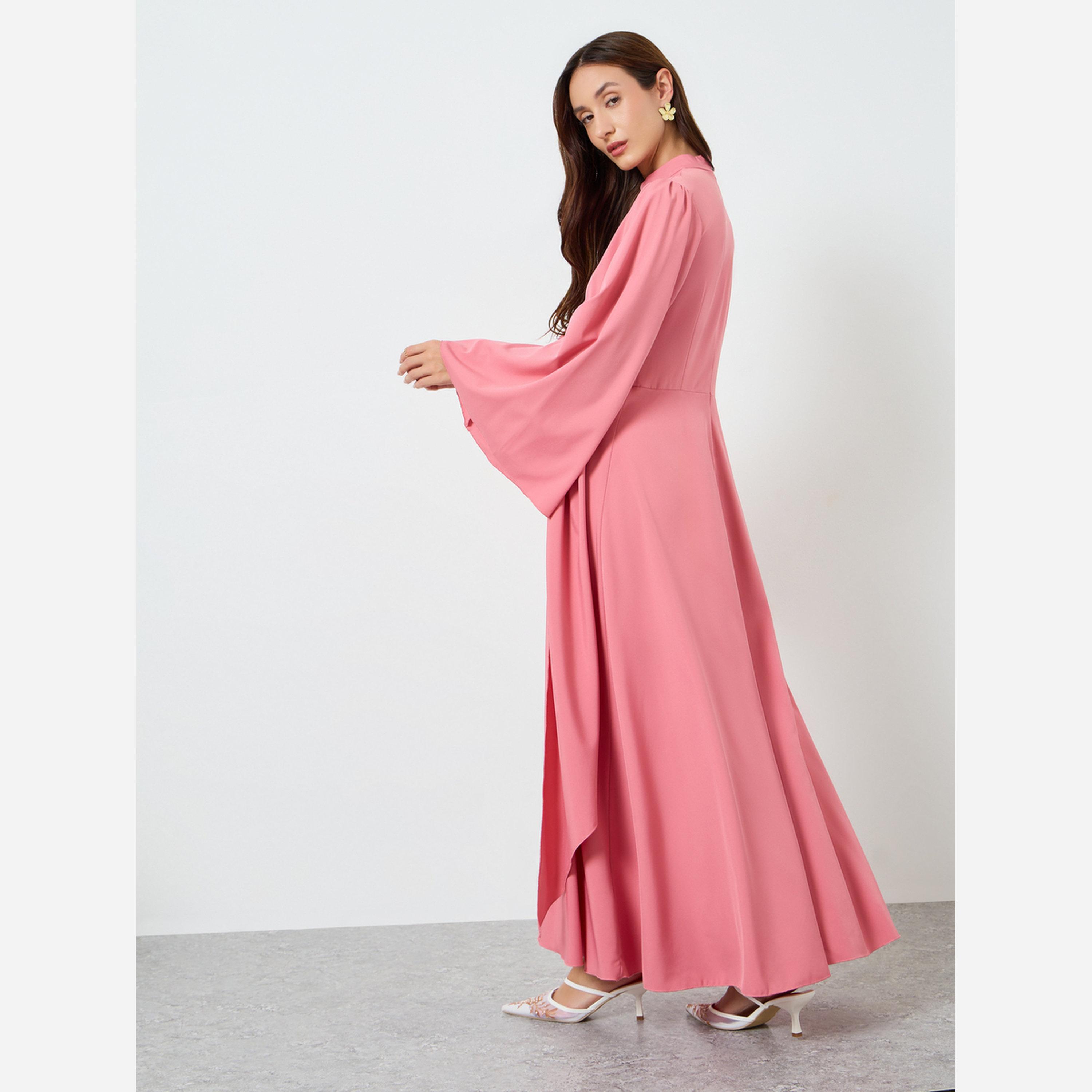 تيك تو - فستان متوسط الطول نسائي سادة ياقة دائرية وحزام وأكمام واسعة وحافة مكشكشة-women-clothing-dresses-image-5