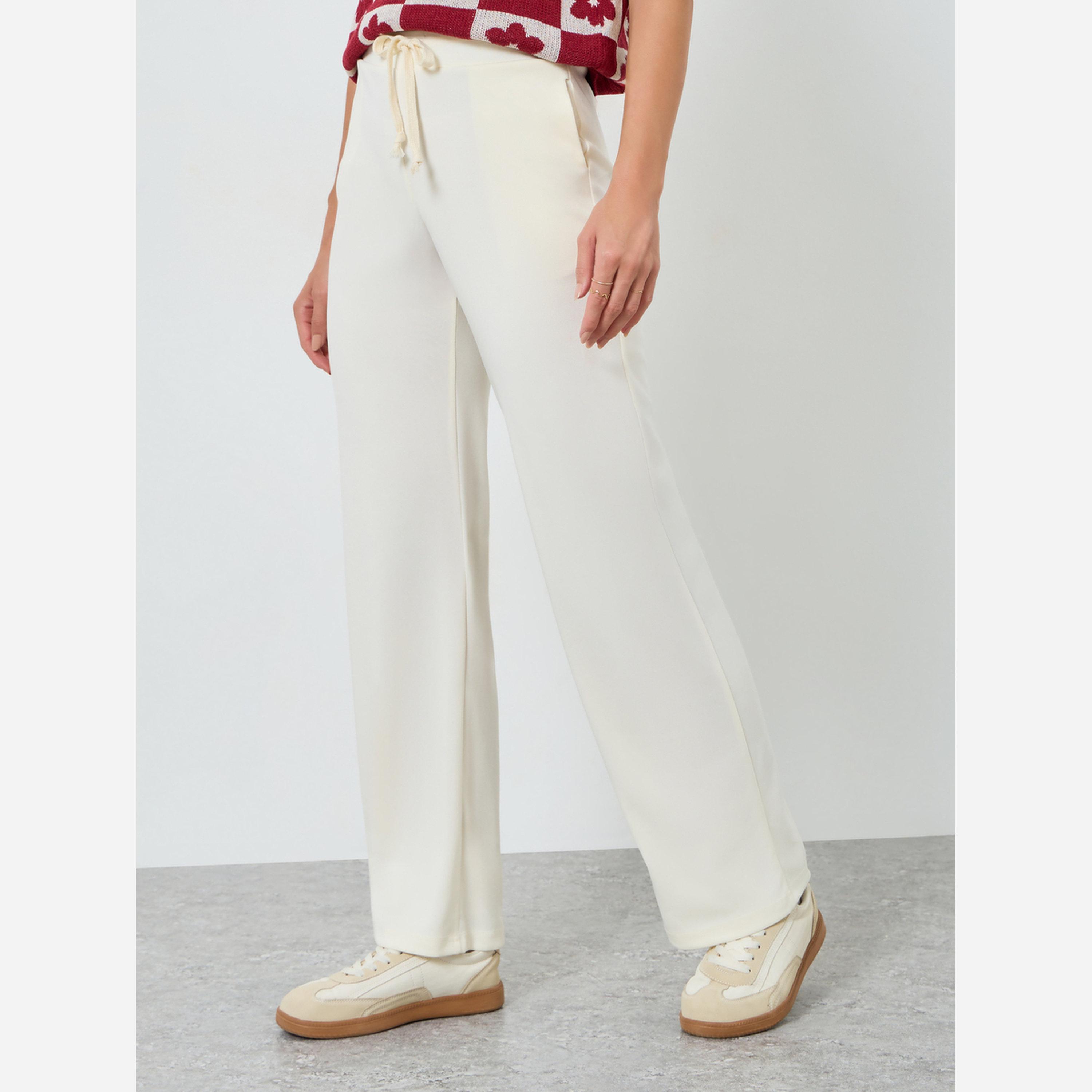 تيك تو - بنطال نسائي لون بيج واسع الساقين برباط-women-clothing-bottoms-trousers-image-1