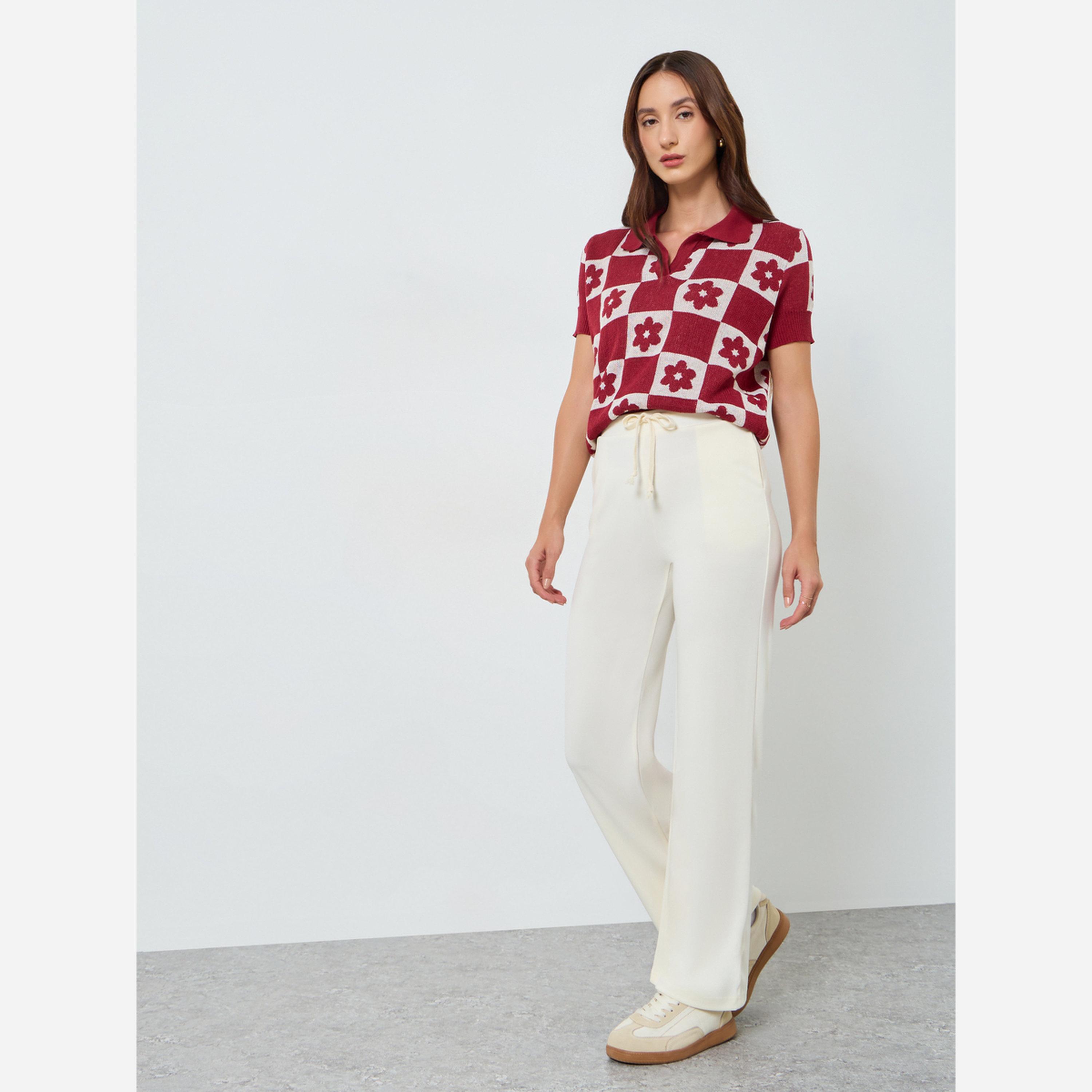 تيك تو - بنطال نسائي لون بيج واسع الساقين برباط-women-clothing-bottoms-trousers-image-2