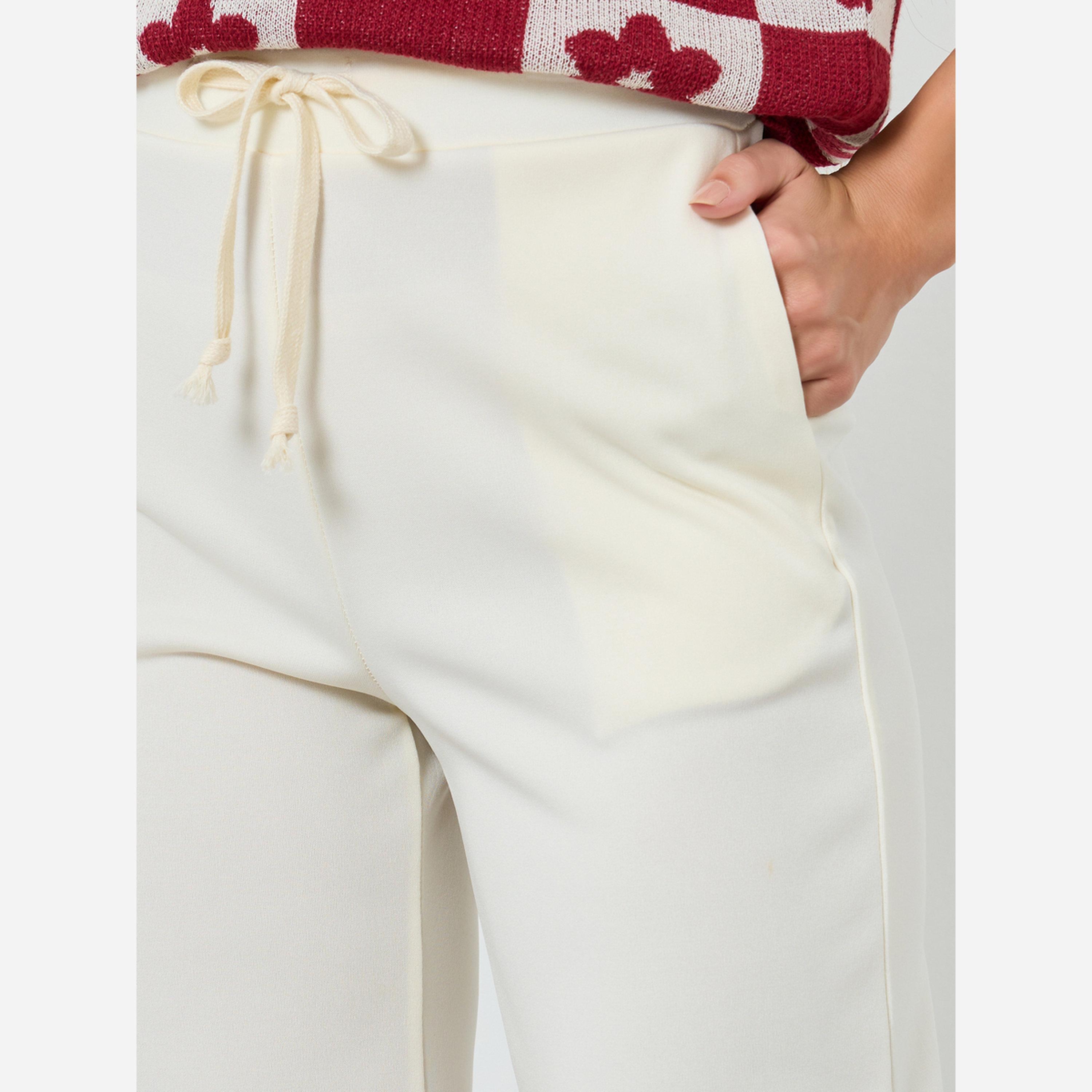 تيك تو - بنطال نسائي لون بيج واسع الساقين برباط-women-clothing-bottoms-trousers-image-3