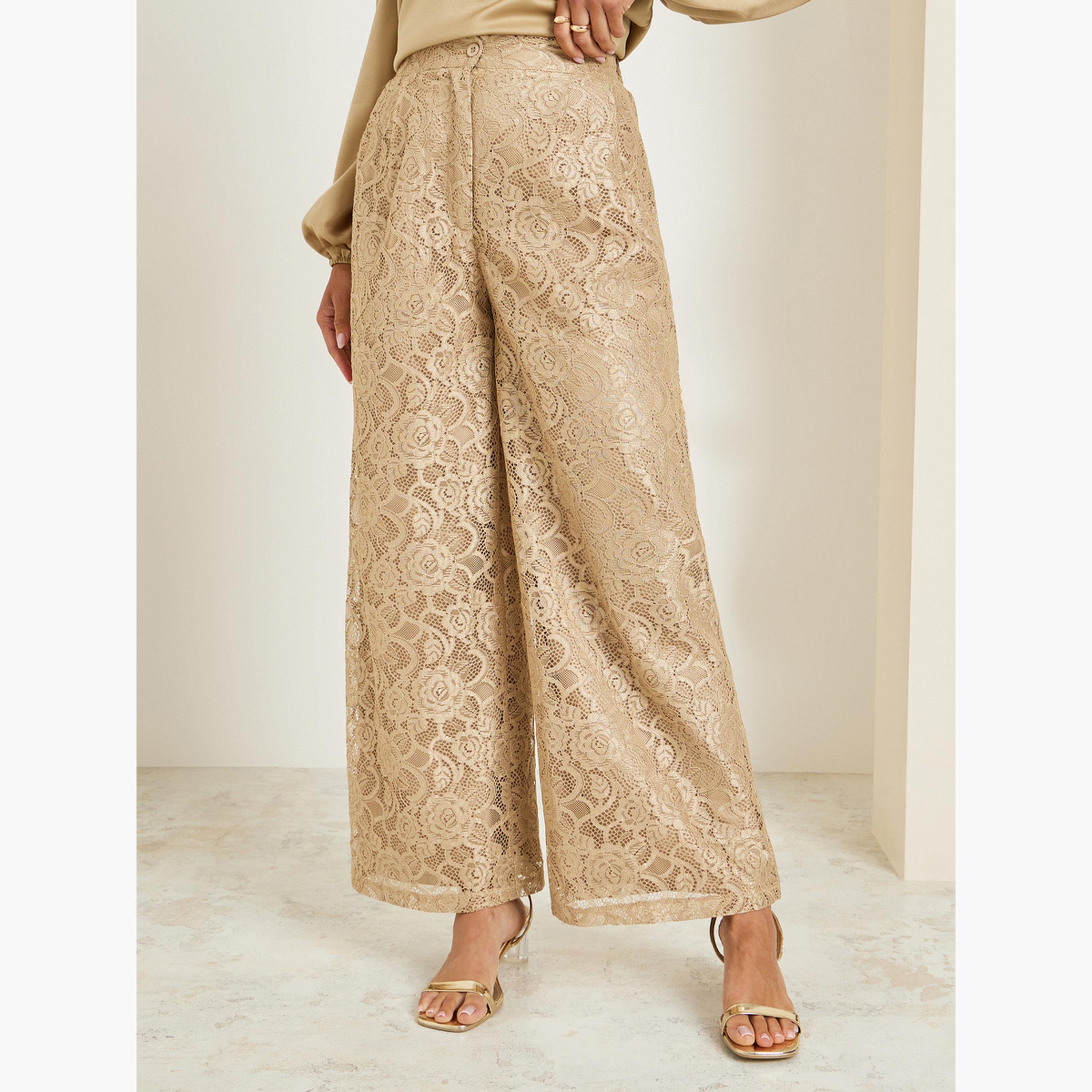Styli Women Beige Lace Wide Leg Trousers-women-clothing-bottoms-trousers-image-1