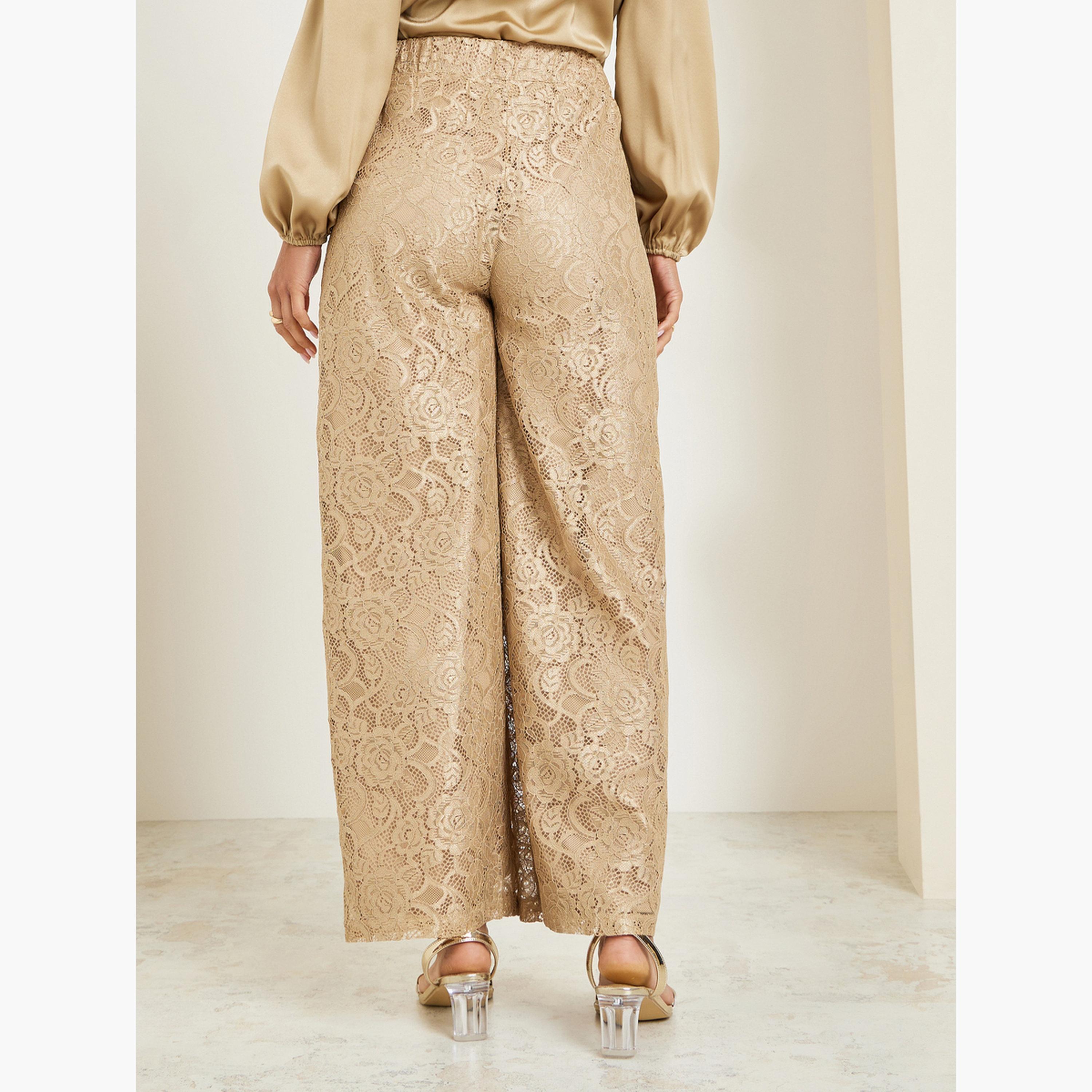 Styli Women Beige Lace Wide Leg Trousers-women-clothing-bottoms-trousers-image-4