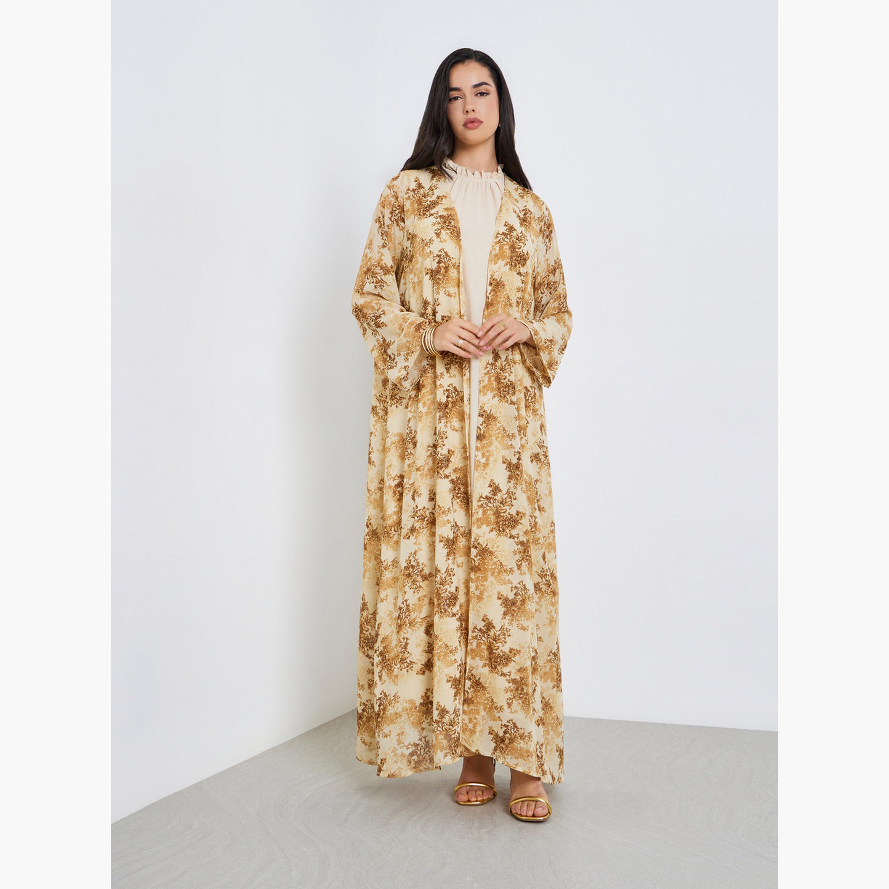 طقم محتشم من عباية وفستان شيفون مطبوع للنساء-women-arabicclothing-sets-image-1