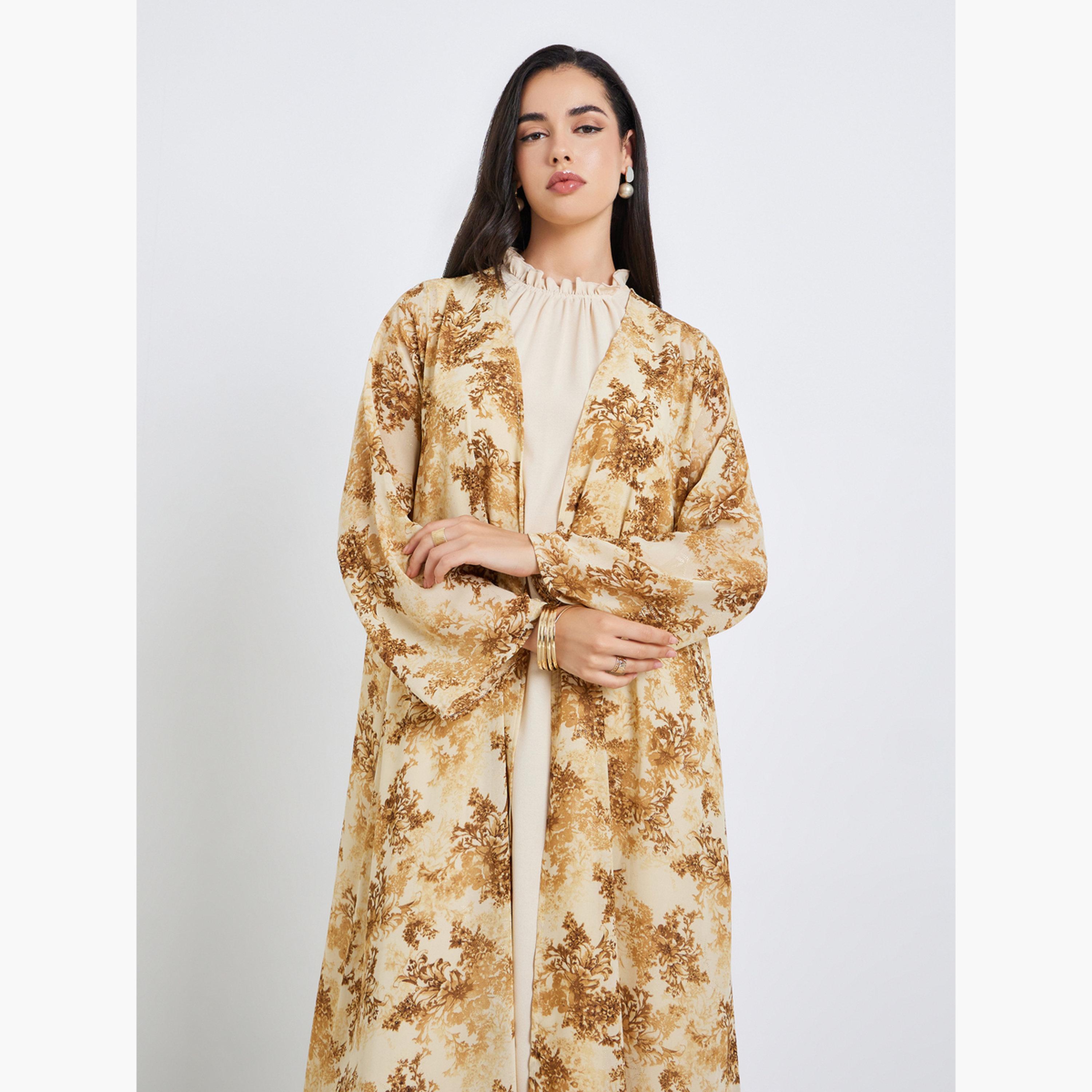 طقم محتشم من عباية وفستان شيفون مطبوع للنساء-women-arabicclothing-sets-image-2
