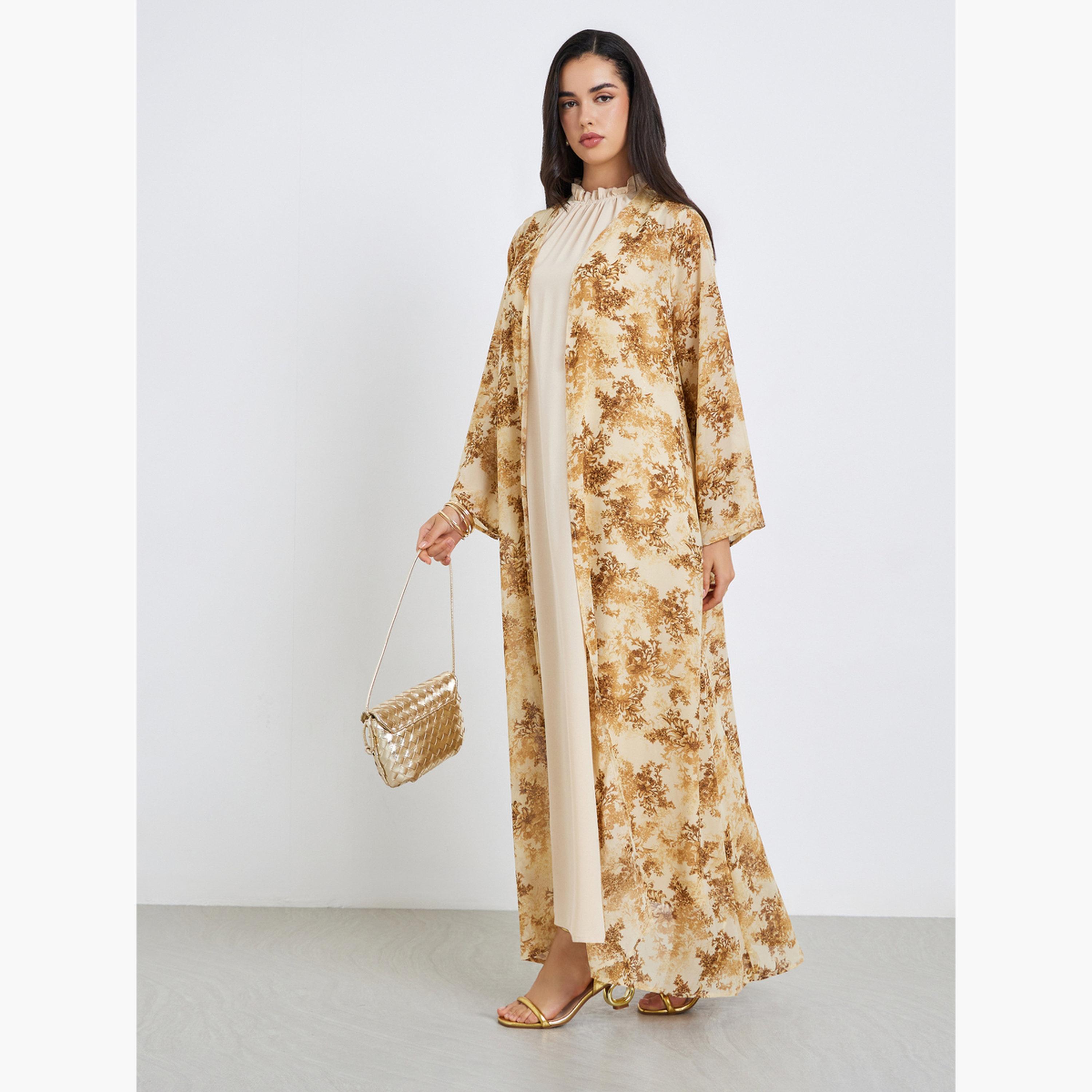 طقم محتشم من عباية وفستان شيفون مطبوع للنساء-women-arabicclothing-sets-image-3