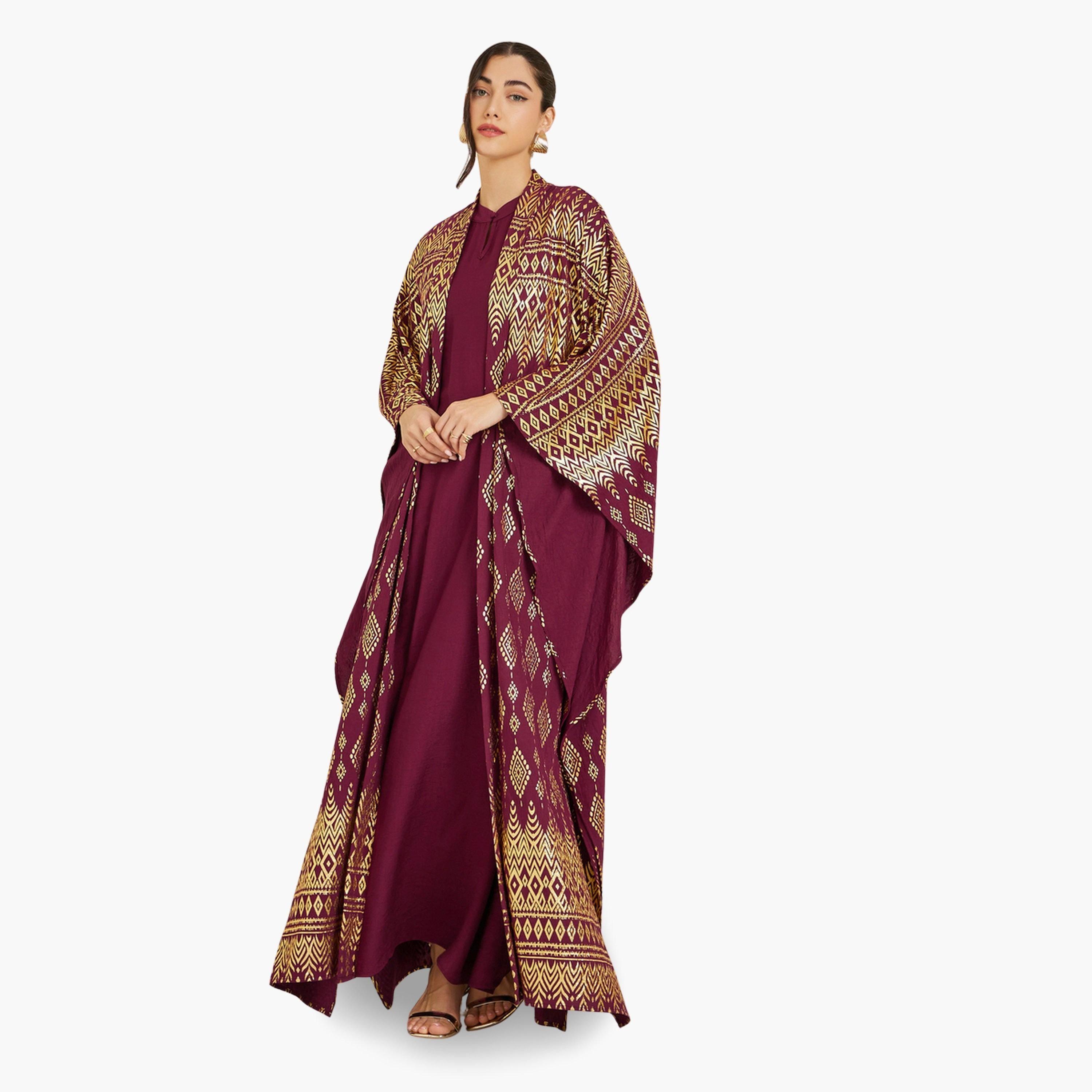 Styli Women Burgundy Foil Print Kaftan with Inner Dress Set-women-arabicclothing-sets-image-1