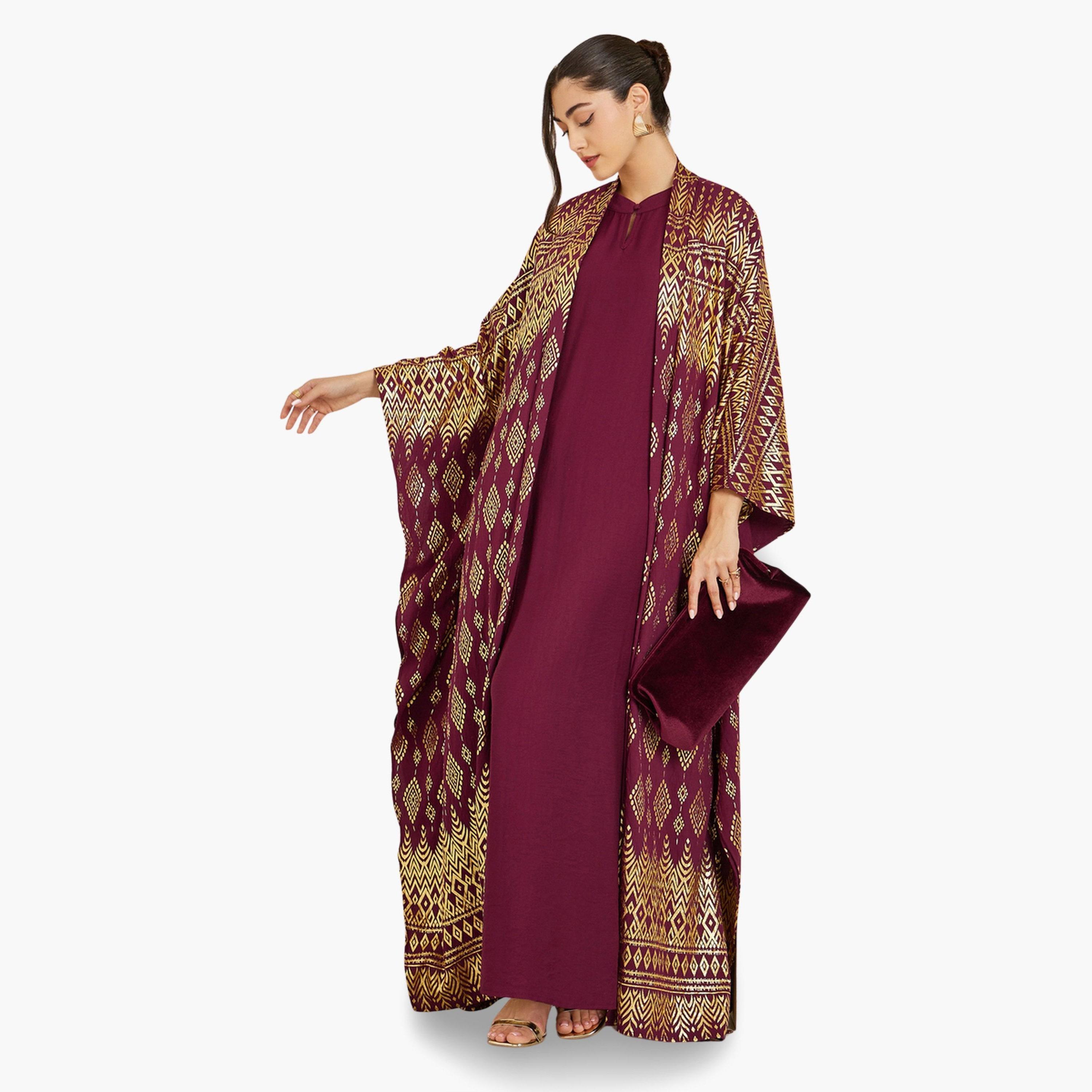 Styli Women Burgundy Foil Print Kaftan with Inner Dress Set-women-arabicclothing-sets-image-2