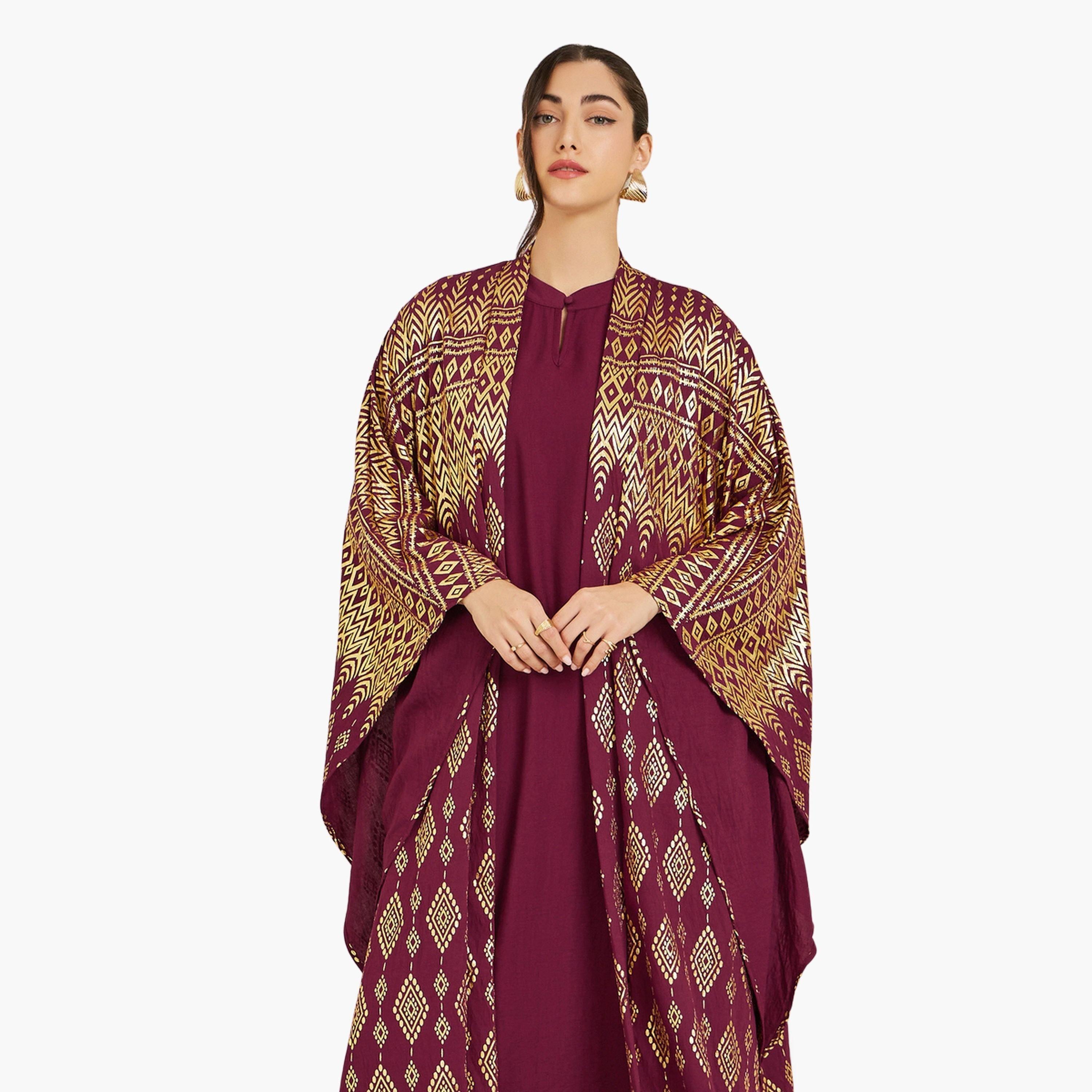 طقم قفطان برغندي بطبعة فويل مع فستان داخلي-women-arabicclothing-sets-image-3