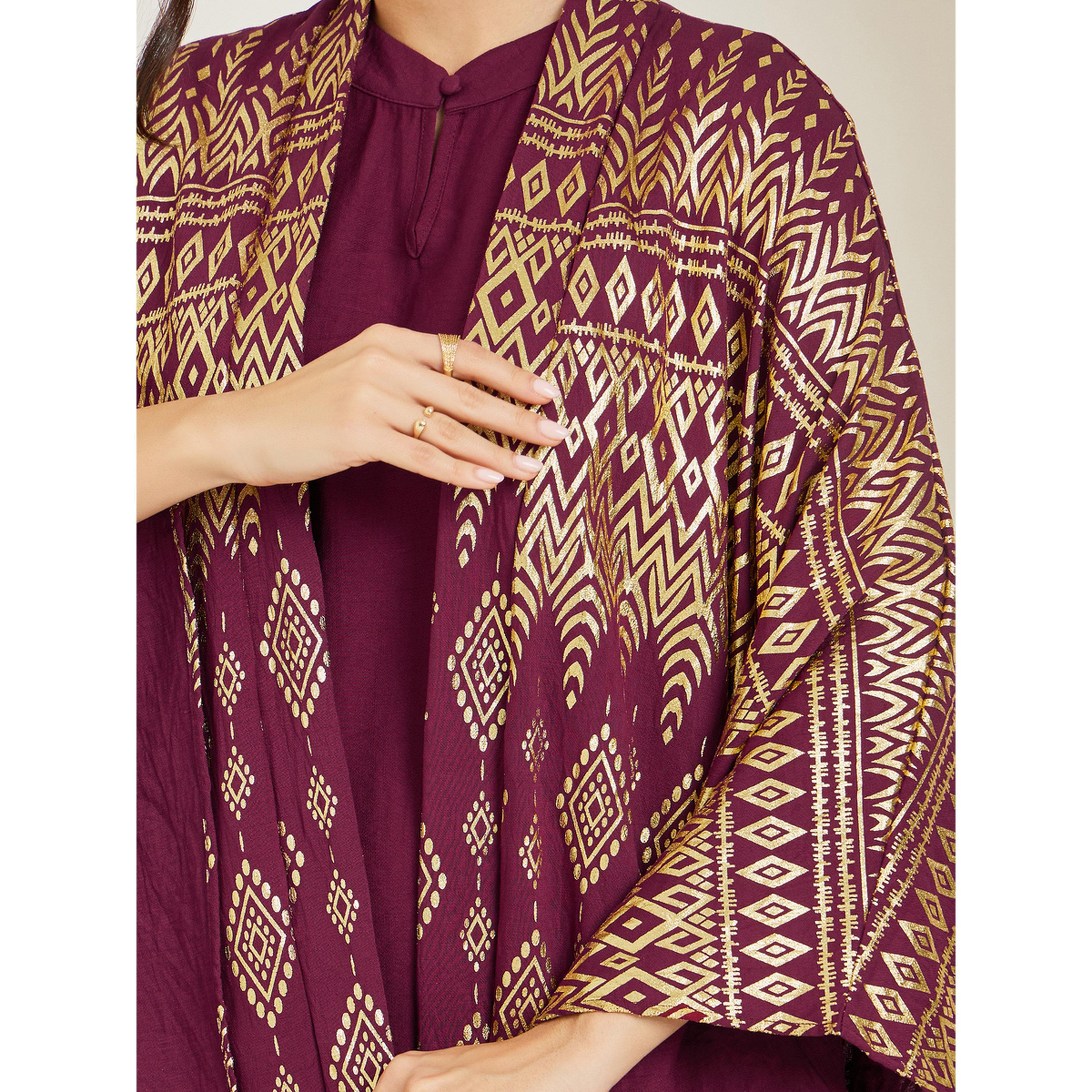 طقم قفطان برغندي بطبعة فويل مع فستان داخلي-women-arabicclothing-sets-image-4
