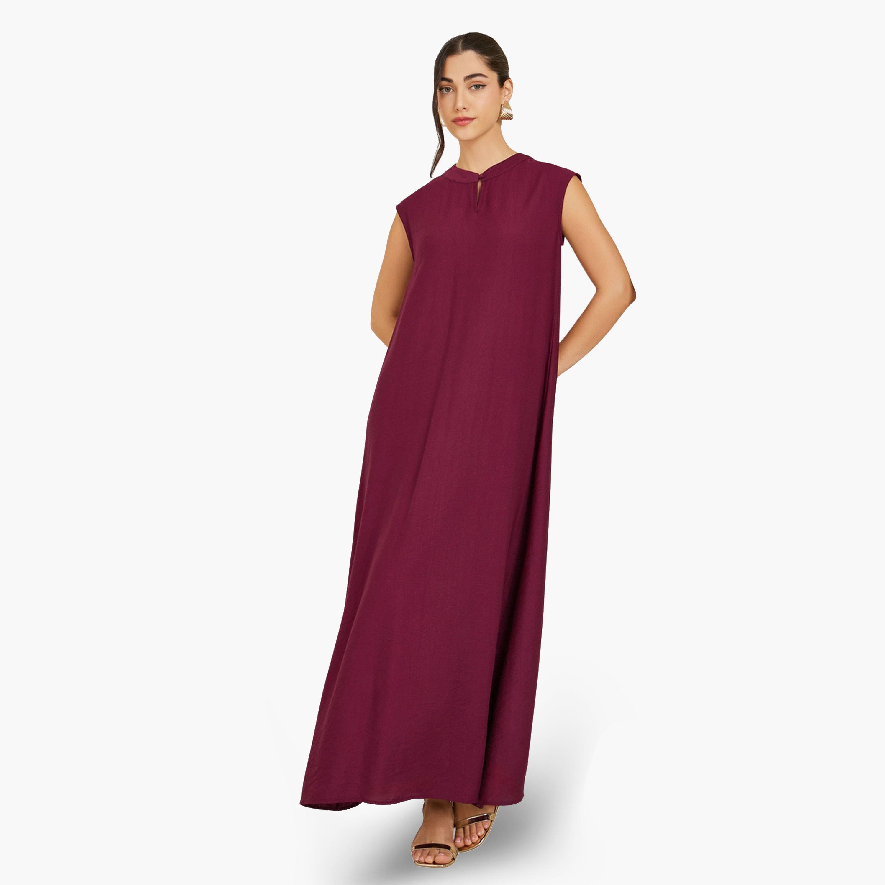 Styli Women Burgundy Foil Print Kaftan with Inner Dress Set-women-arabicclothing-sets-image-5