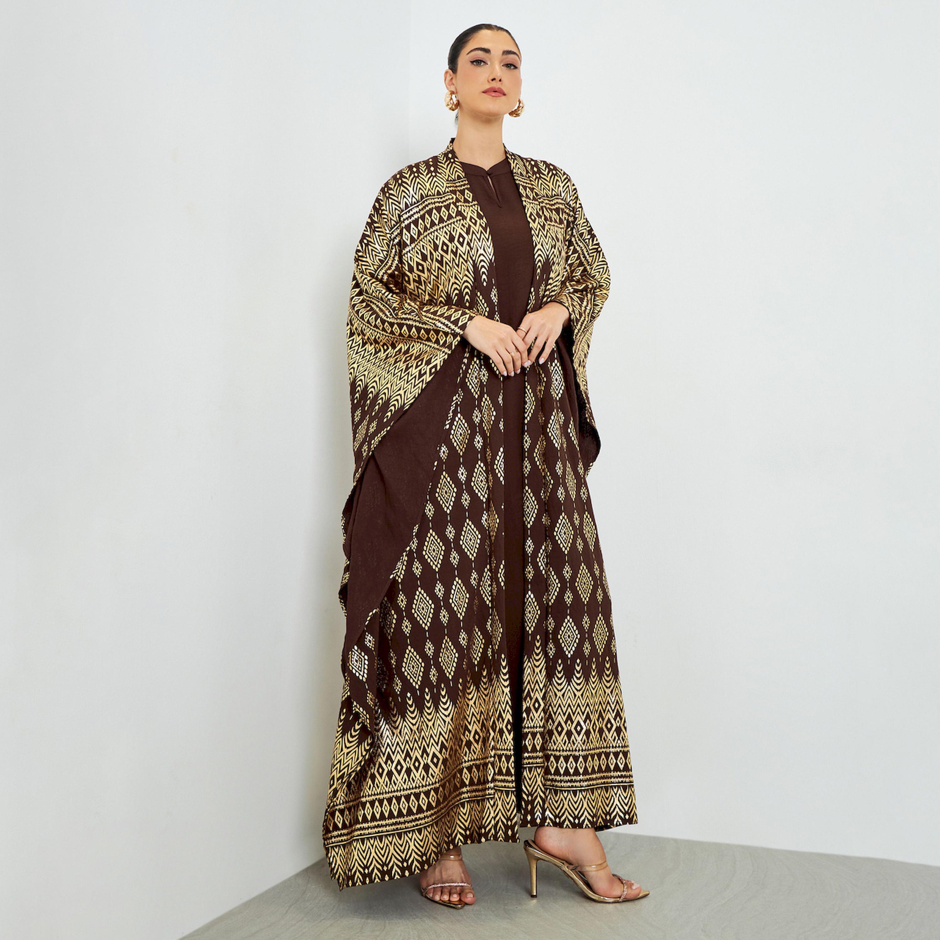 Styli Foil Print Front Open Kaftan Style Abaya and Dress Modest Set-women-arabicclothing-sets-image-1