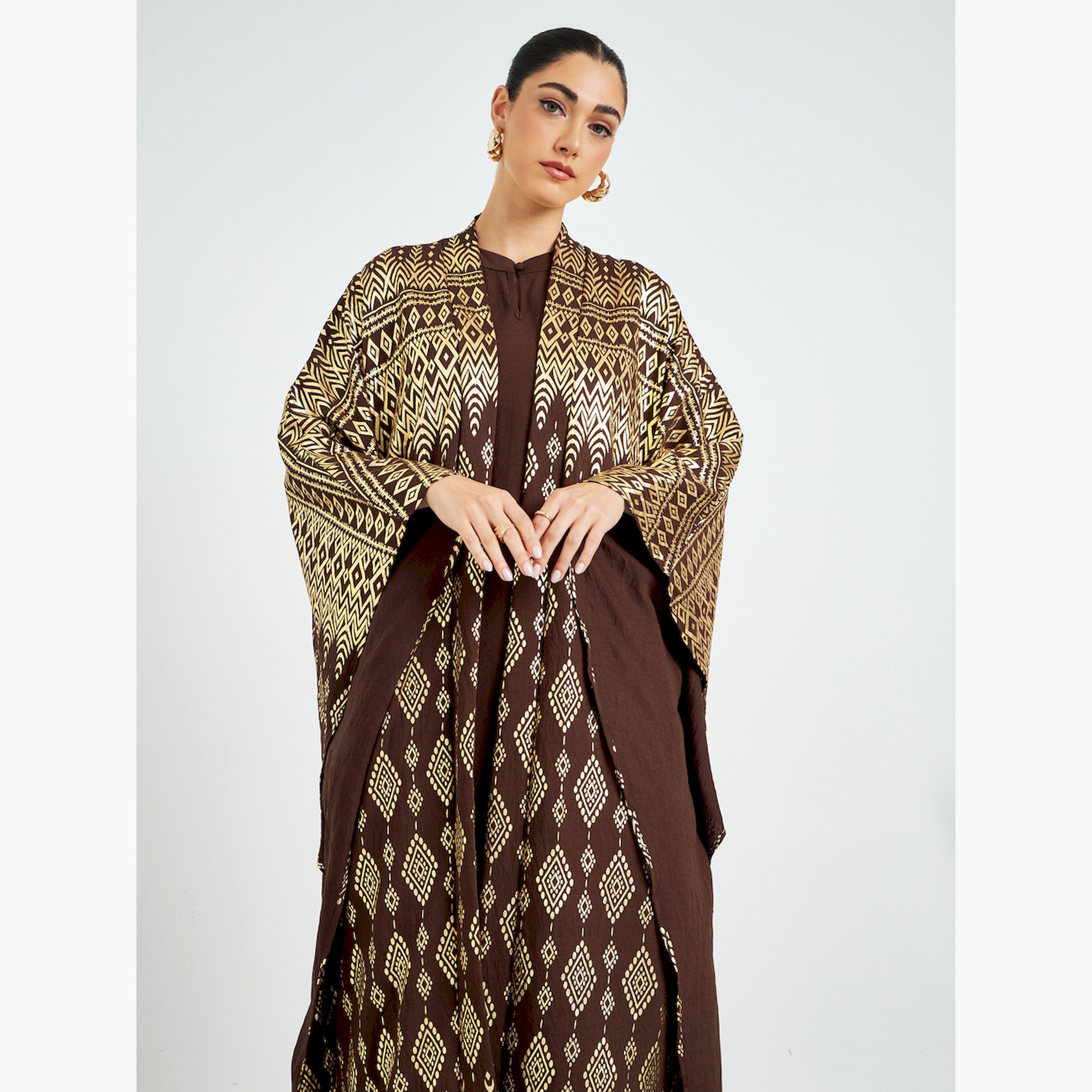 طقم محتشم عبارة عن فستان وعباية قفطان مفتوحة بطبعة فويل-women-arabicclothing-sets-image-2
