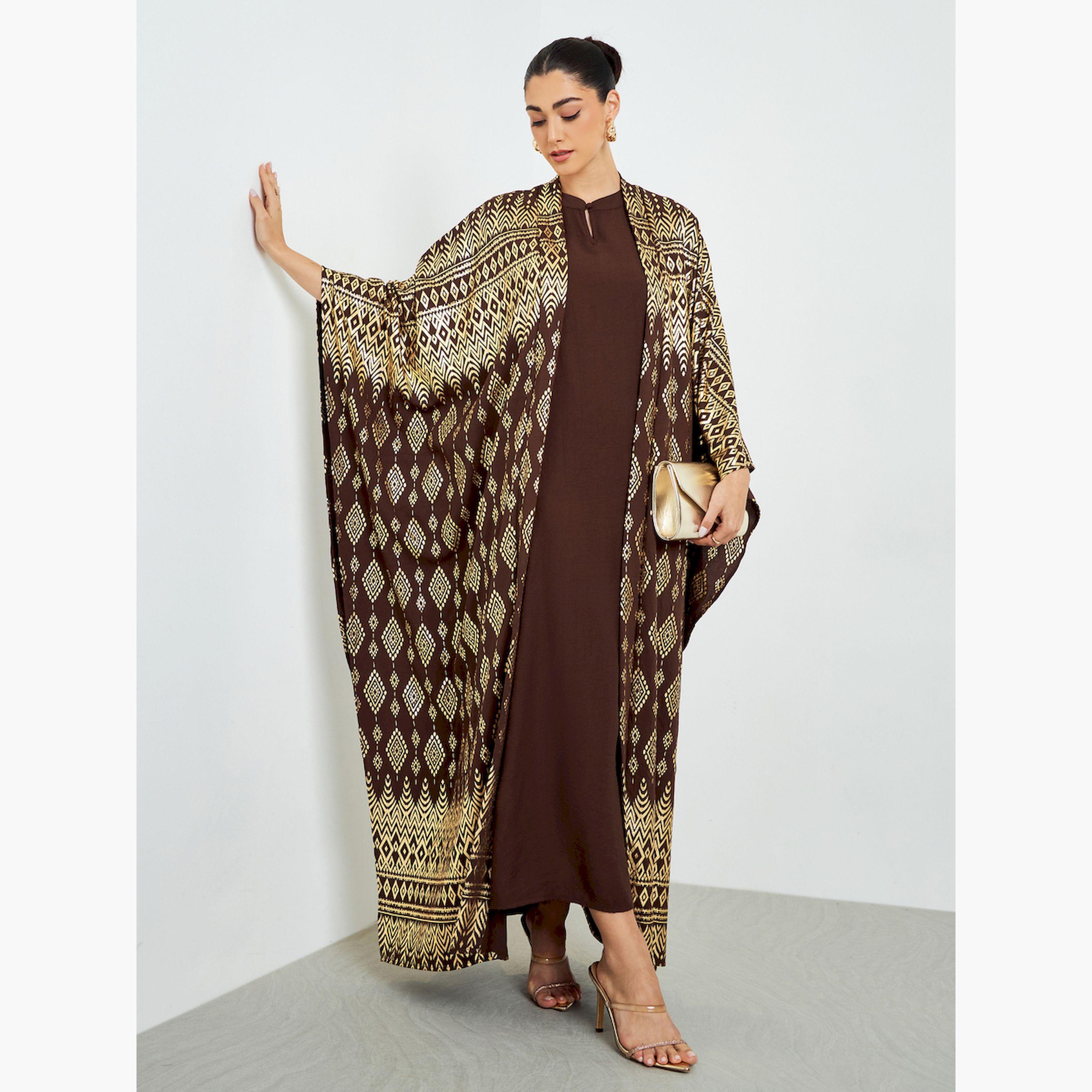 طقم محتشم عبارة عن فستان وعباية قفطان مفتوحة بطبعة فويل-women-arabicclothing-sets-image-3