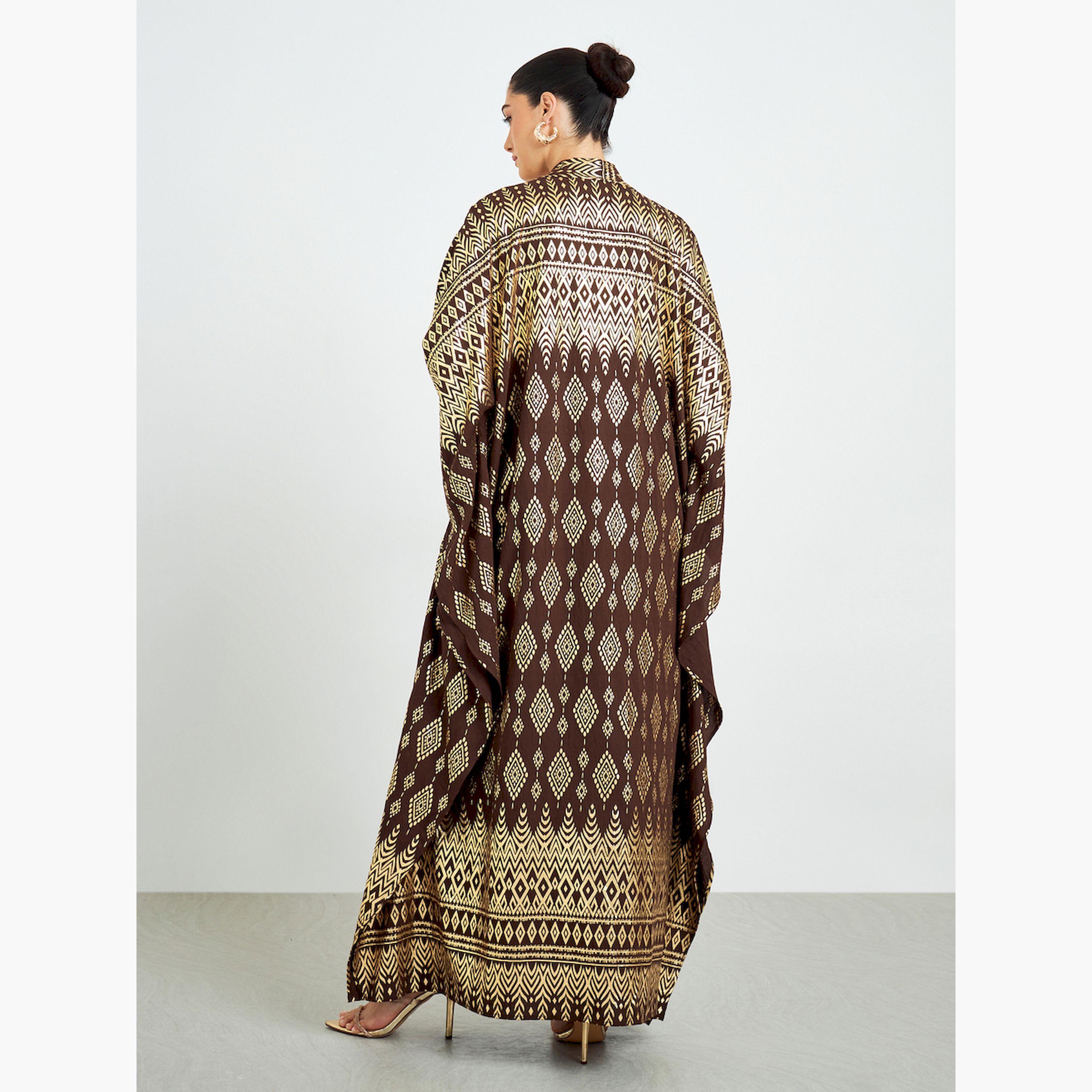 طقم محتشم عبارة عن فستان وعباية قفطان مفتوحة بطبعة فويل-women-arabicclothing-sets-image-4