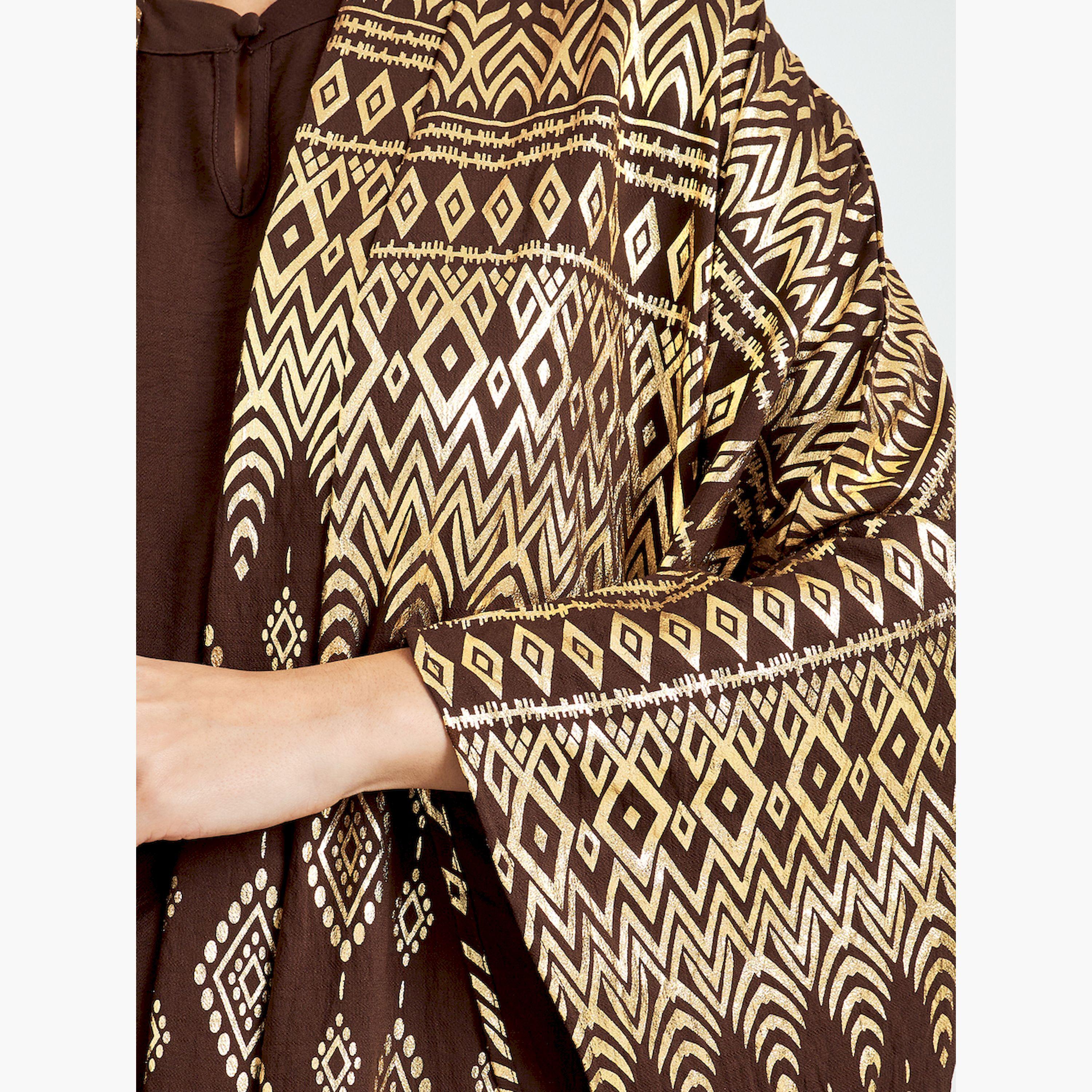 Styli Foil Print Front Open Kaftan Style Abaya and Dress Modest Set-women-arabicclothing-sets-image-5