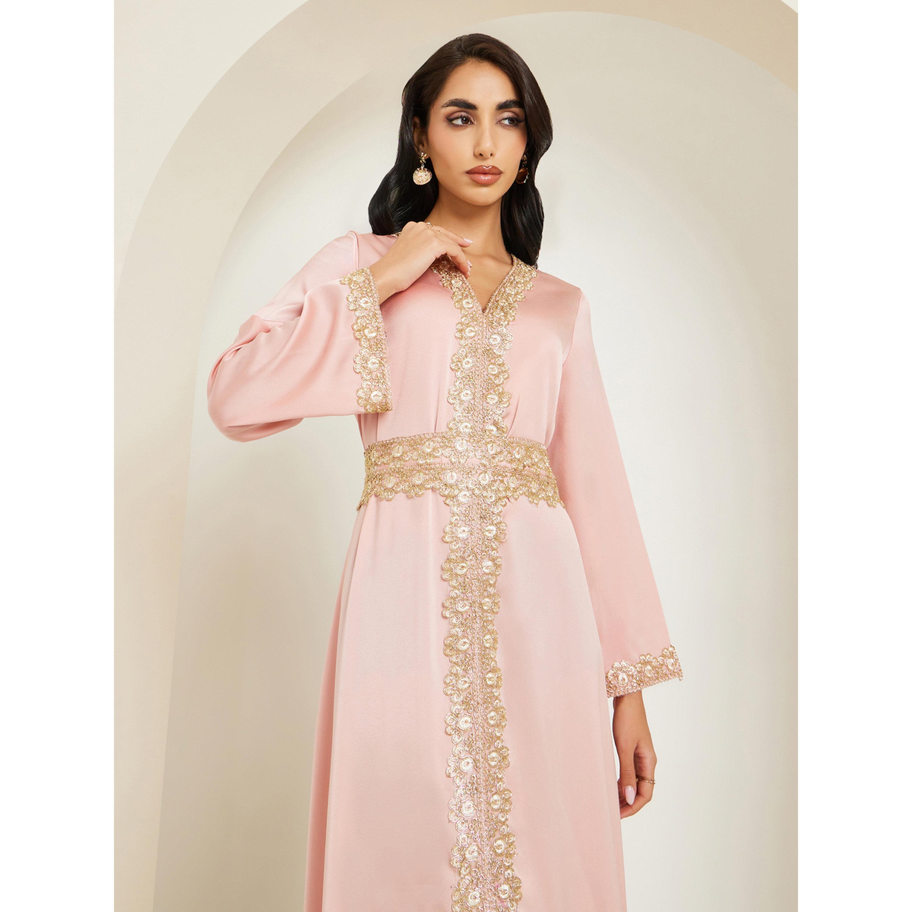 Styli Women Peach Gold Embroidery Kaftan-women-arabicclothing-kaftan-image-2