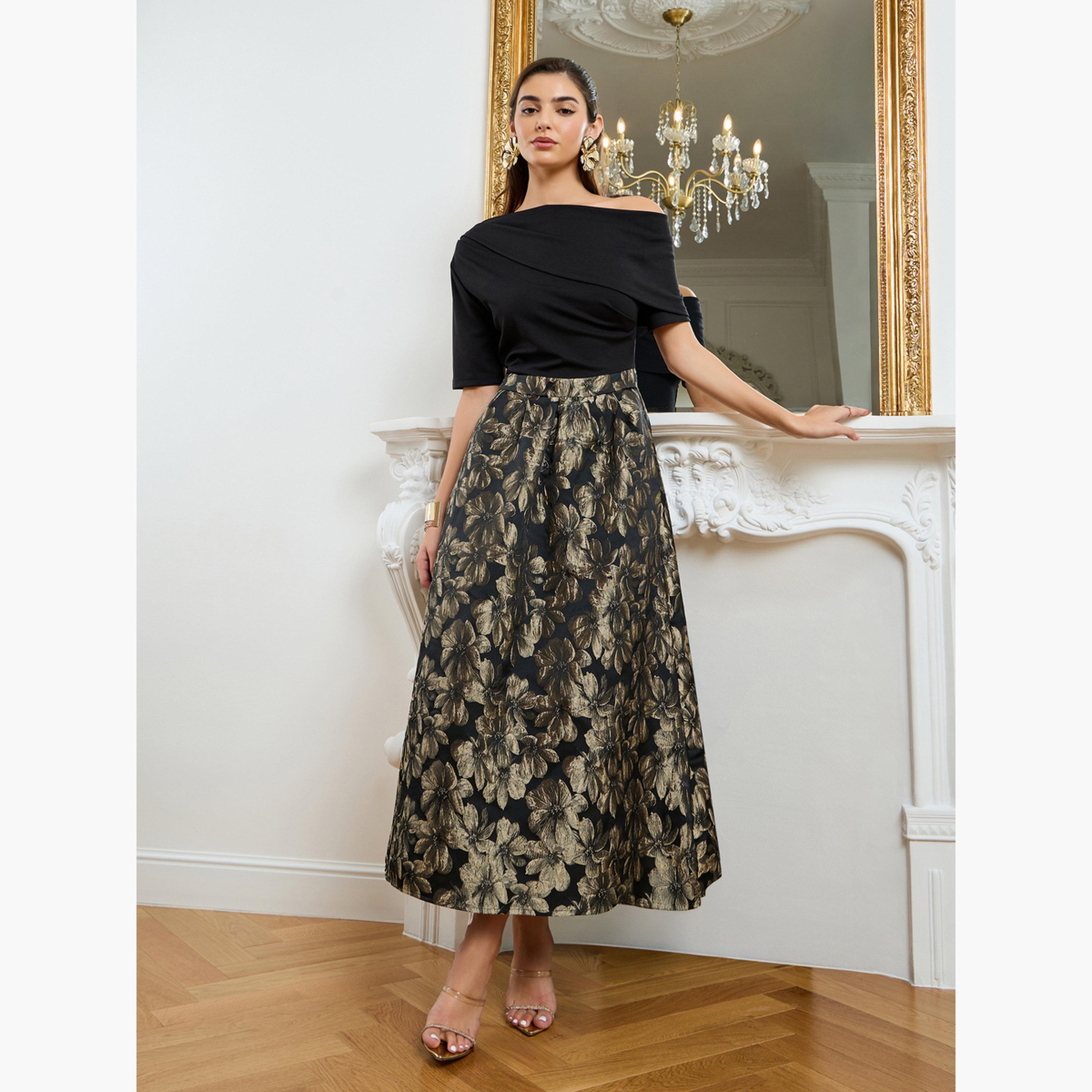 فستان طويل نسائي مكشوف الأكتاف بنقشة زهور وحافة واسعة-women-clothing-dresses-image-1