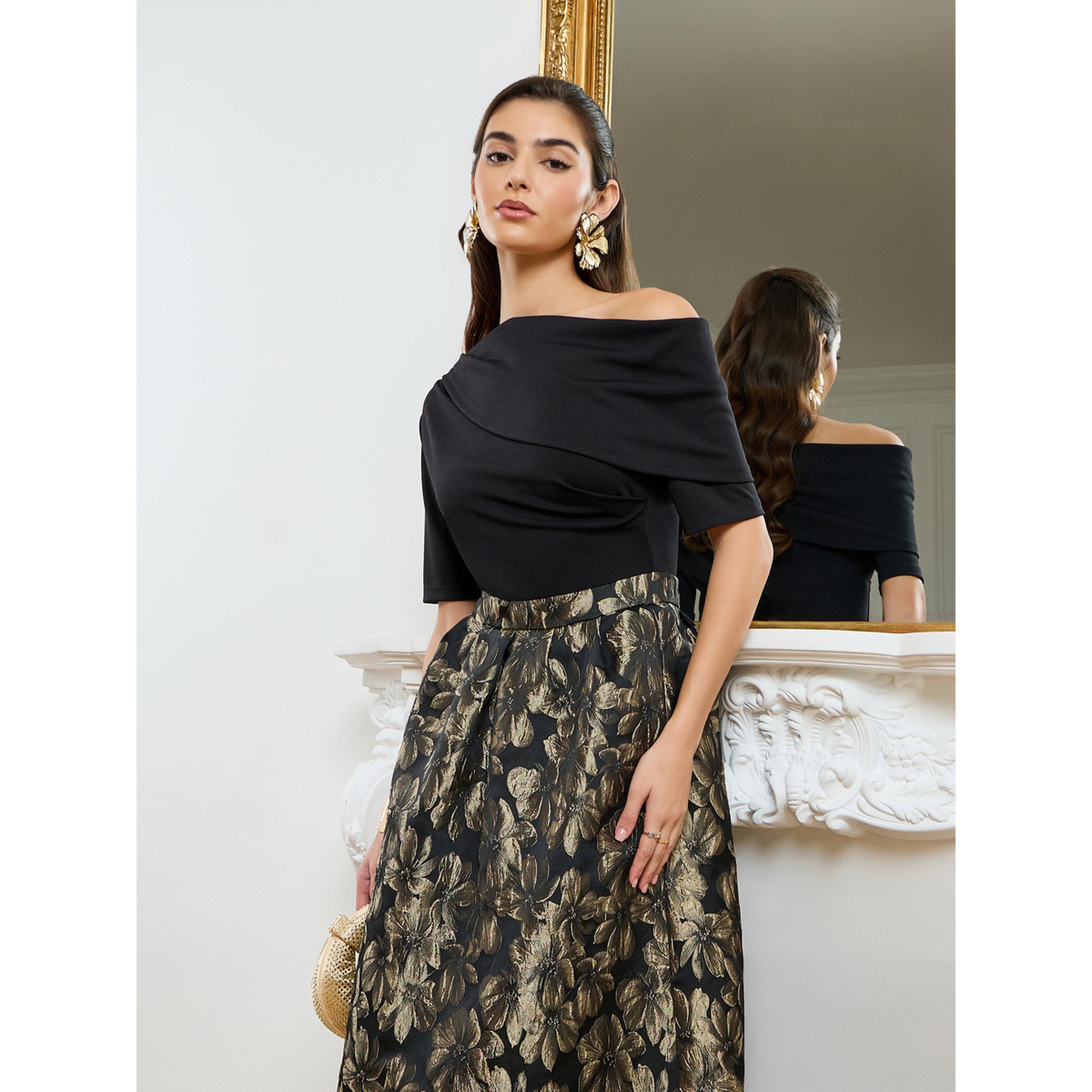 Styli Women Gold Floral Off Shoulder A-Line Maxi Dress-women-clothing-dresses-image-2