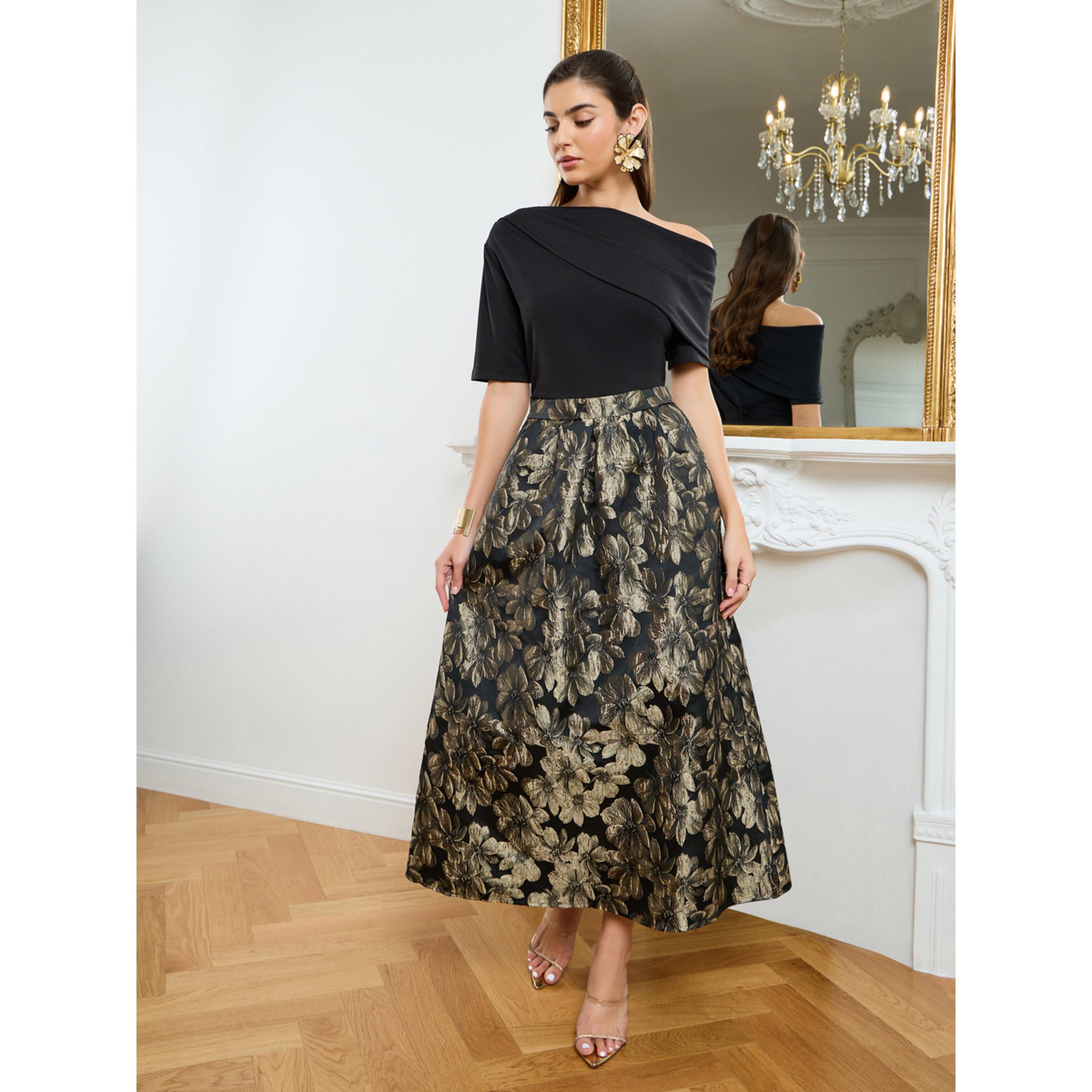 فستان طويل نسائي مكشوف الأكتاف بنقشة زهور وحافة واسعة-women-clothing-dresses-image-3