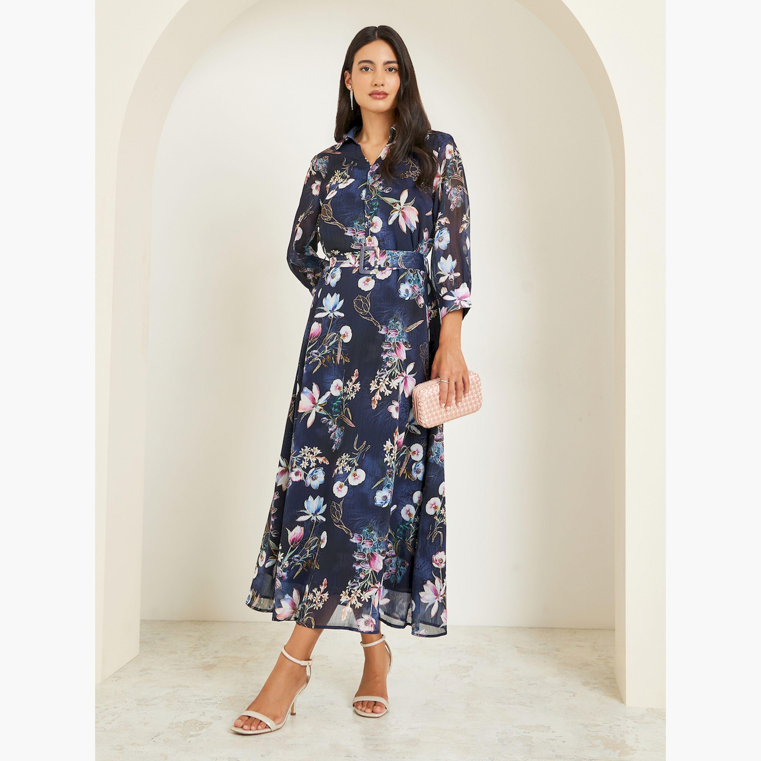 فستان طويل بحافة واسعة وطبعة زهور-women-clothing-dresses-image-1