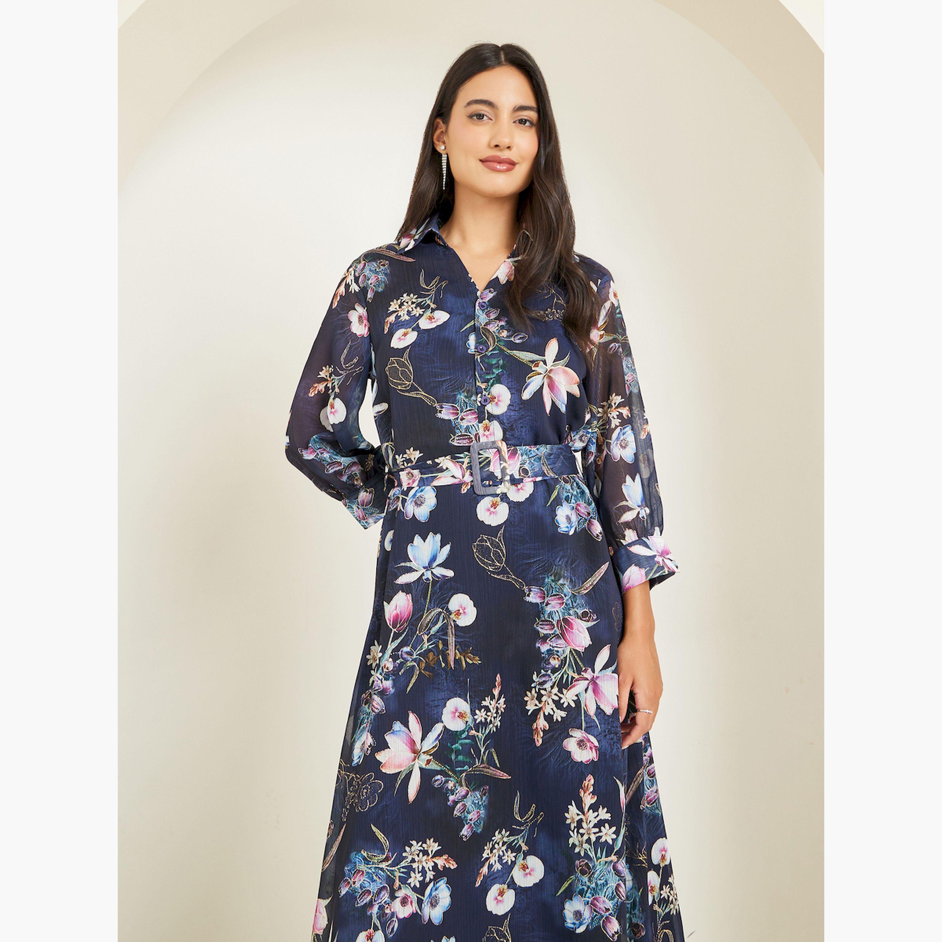 Styli Black Floral Print A-Line Maxi Dress with Belt-women-clothing-dresses-image-2