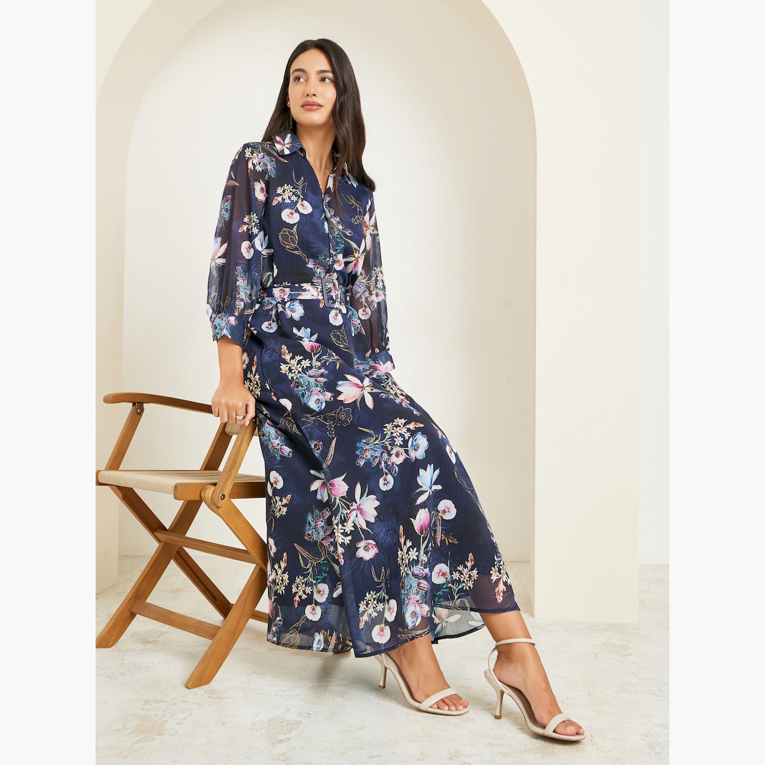 Styli Black Floral Print A-Line Maxi Dress with Belt-women-clothing-dresses-image-3