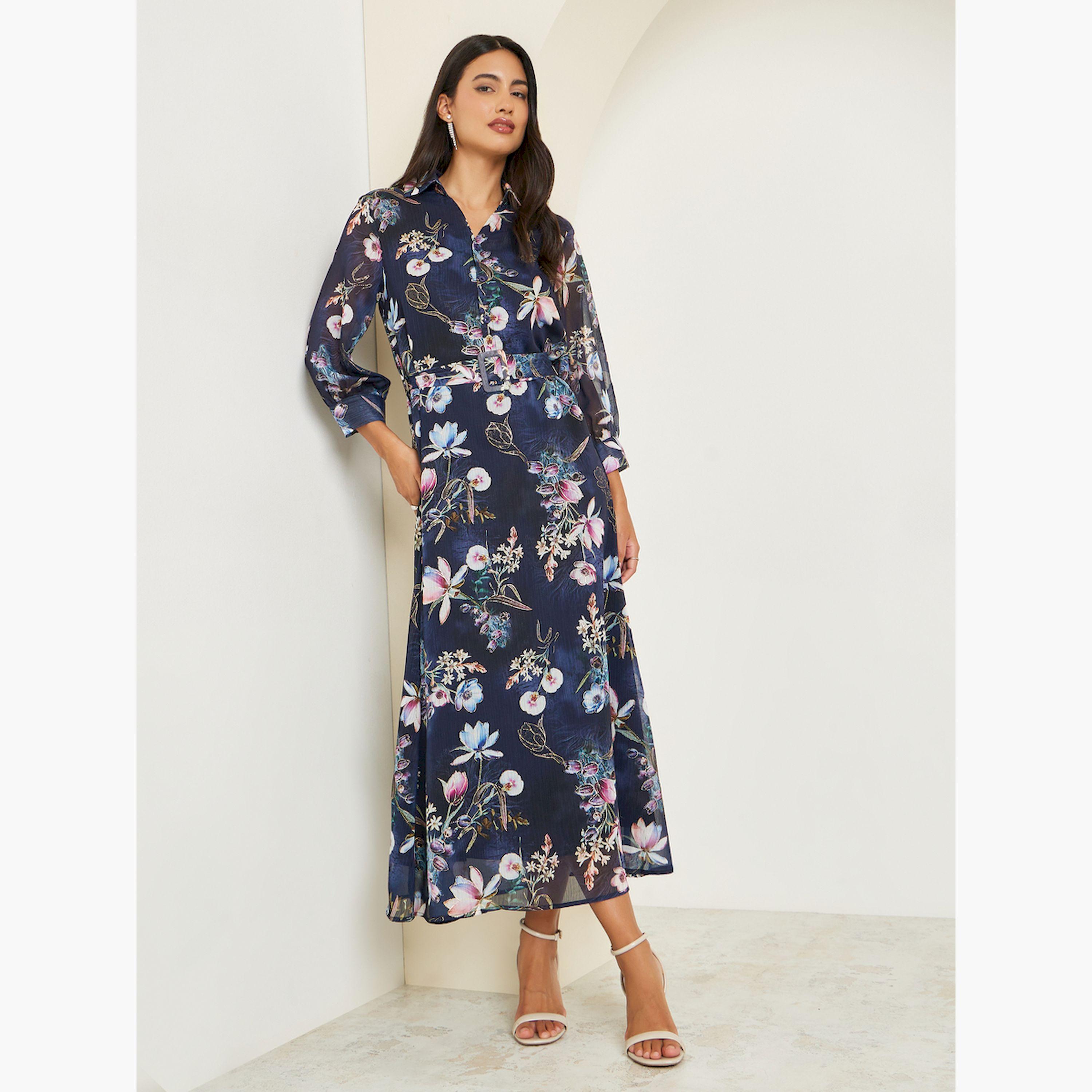 Styli Black Floral Print A-Line Maxi Dress with Belt-women-clothing-dresses-image-4