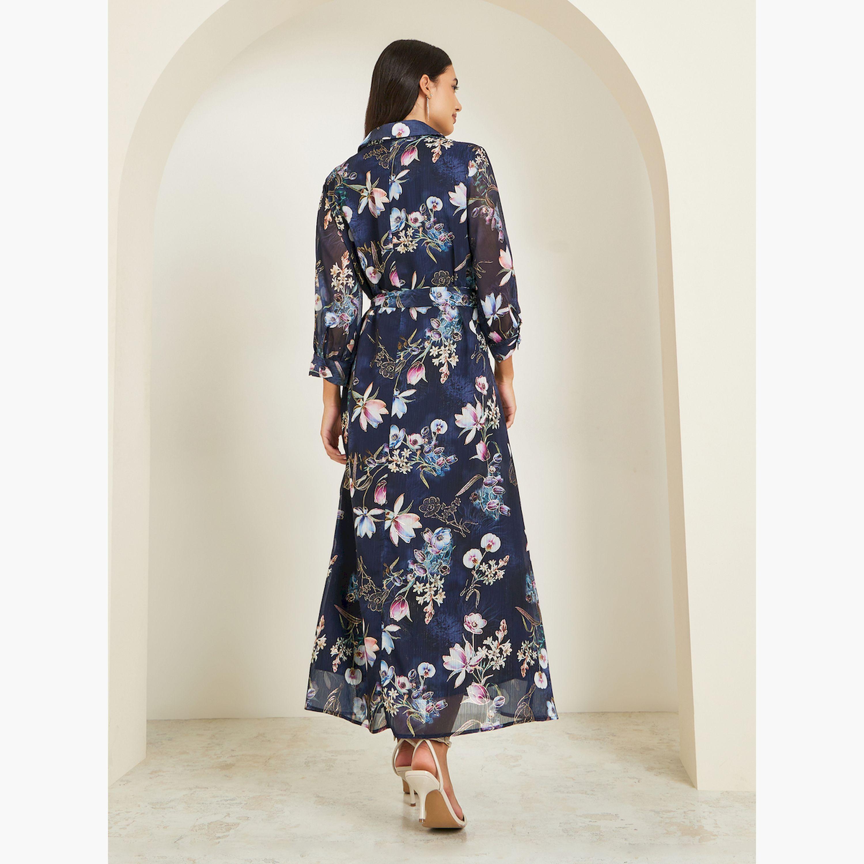 فستان طويل بحافة واسعة وطبعة زهور-women-clothing-dresses-image-6