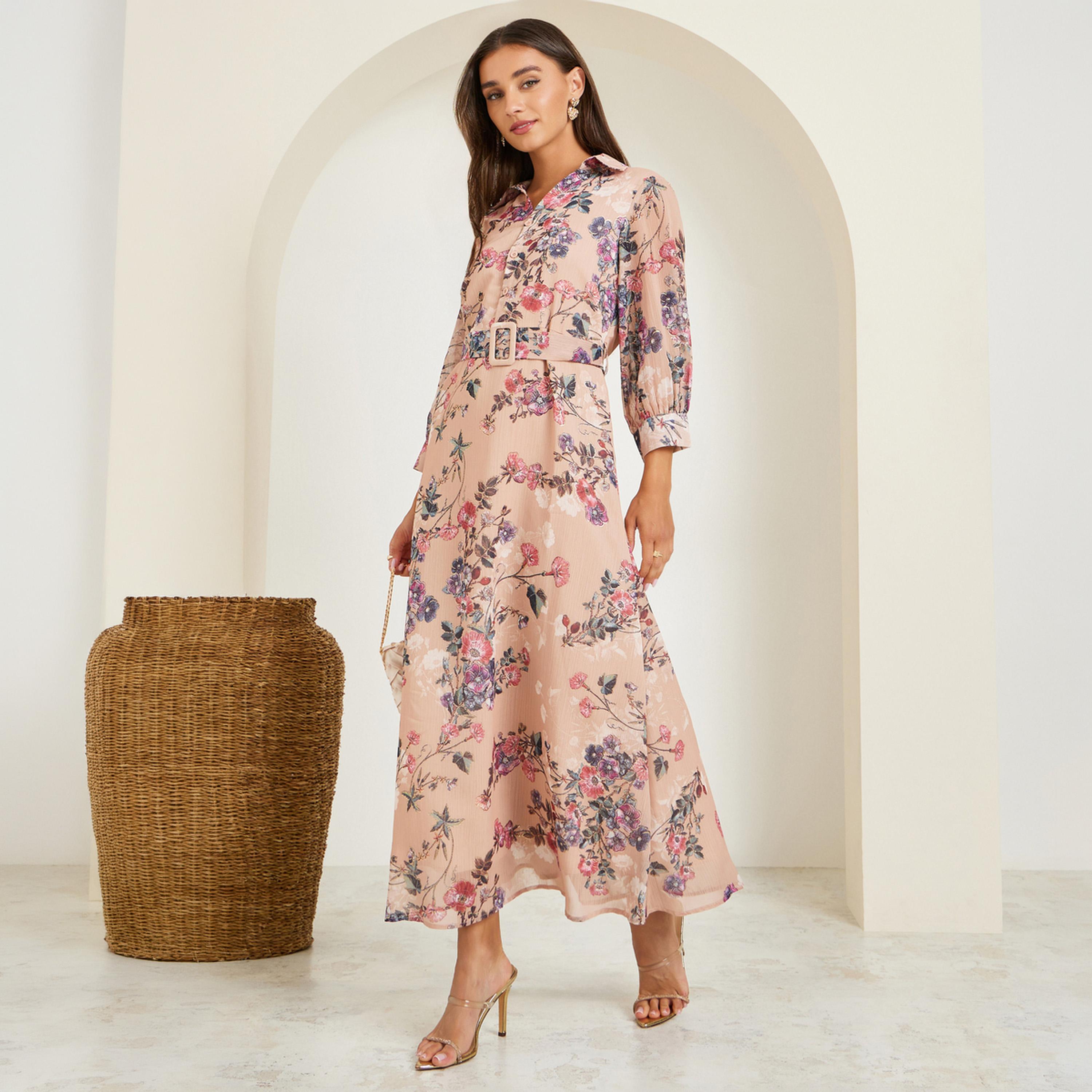 فستان طويل بطبعة زهور مع حزام-women-clothing-dresses-image-1