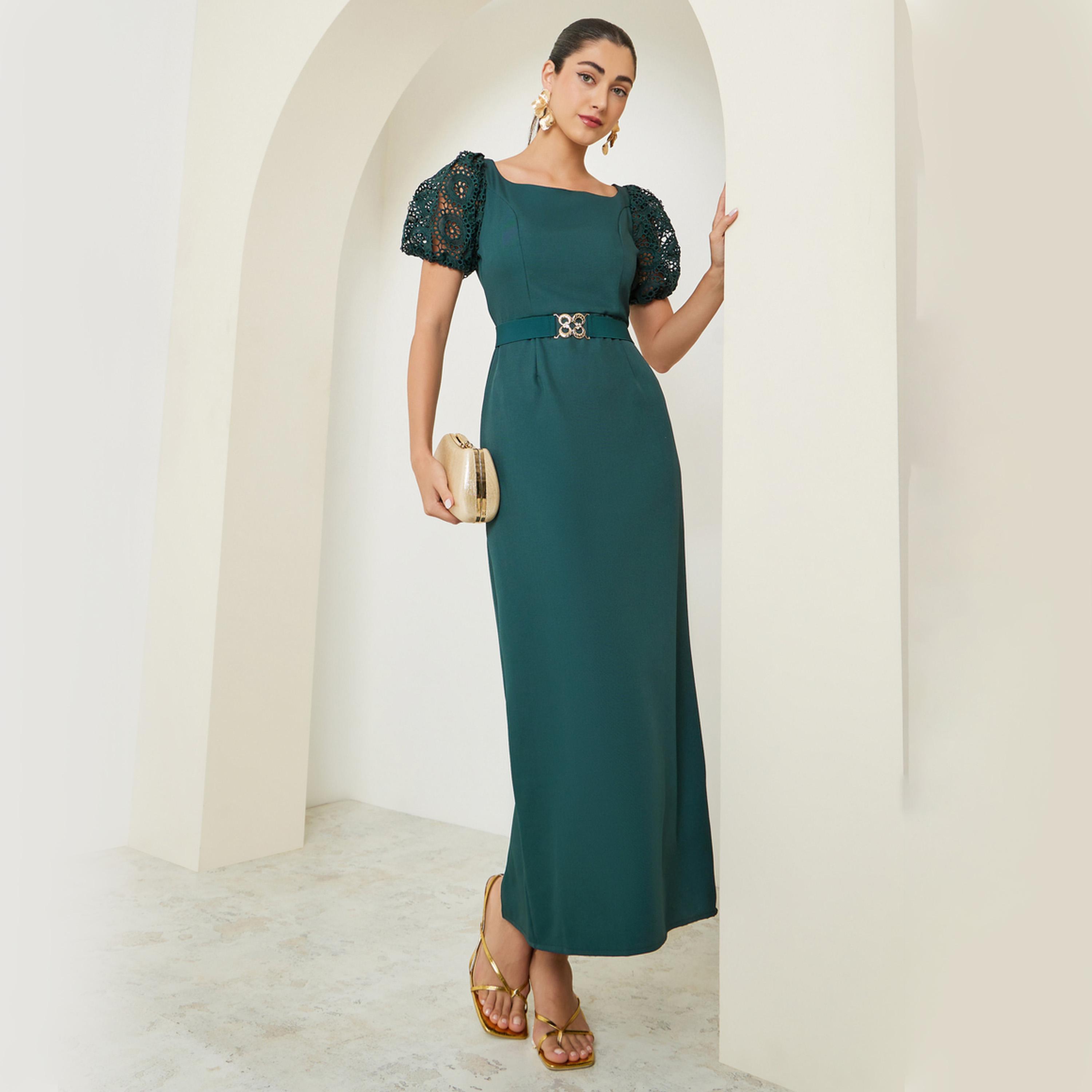 Styli Green Lace Puff Sleeve Belted Sheath Maxi Dress-women-clothing-dresses-image-1