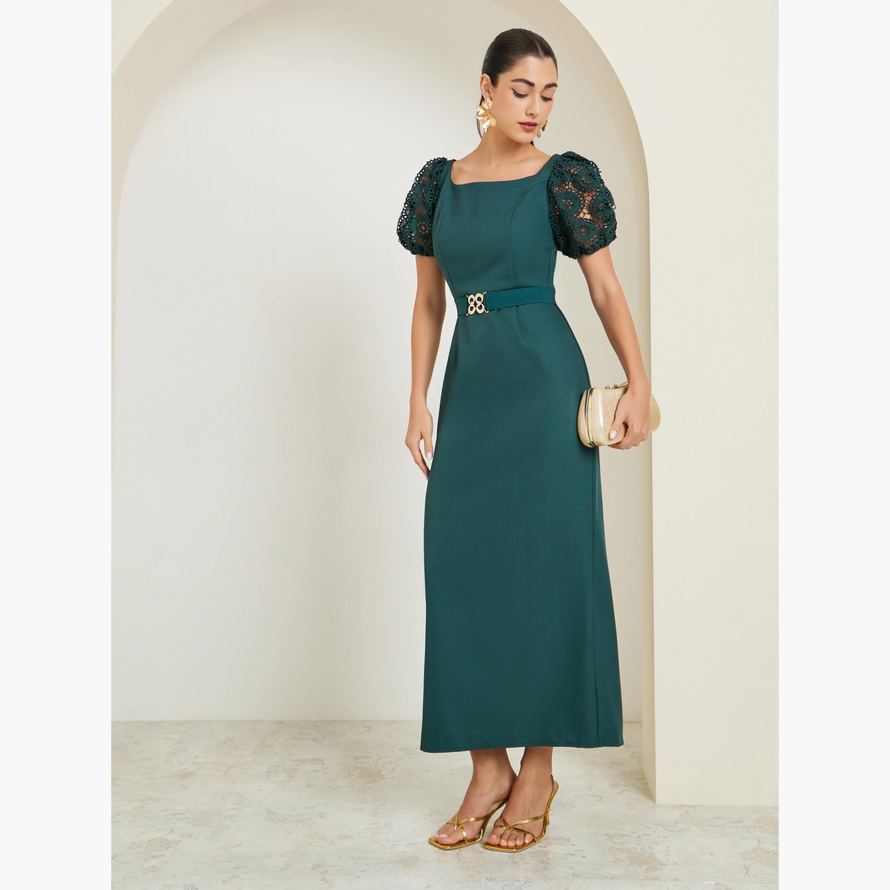 Styli Green Lace Puff Sleeve Belted Sheath Maxi Dress-women-clothing-dresses-image-2