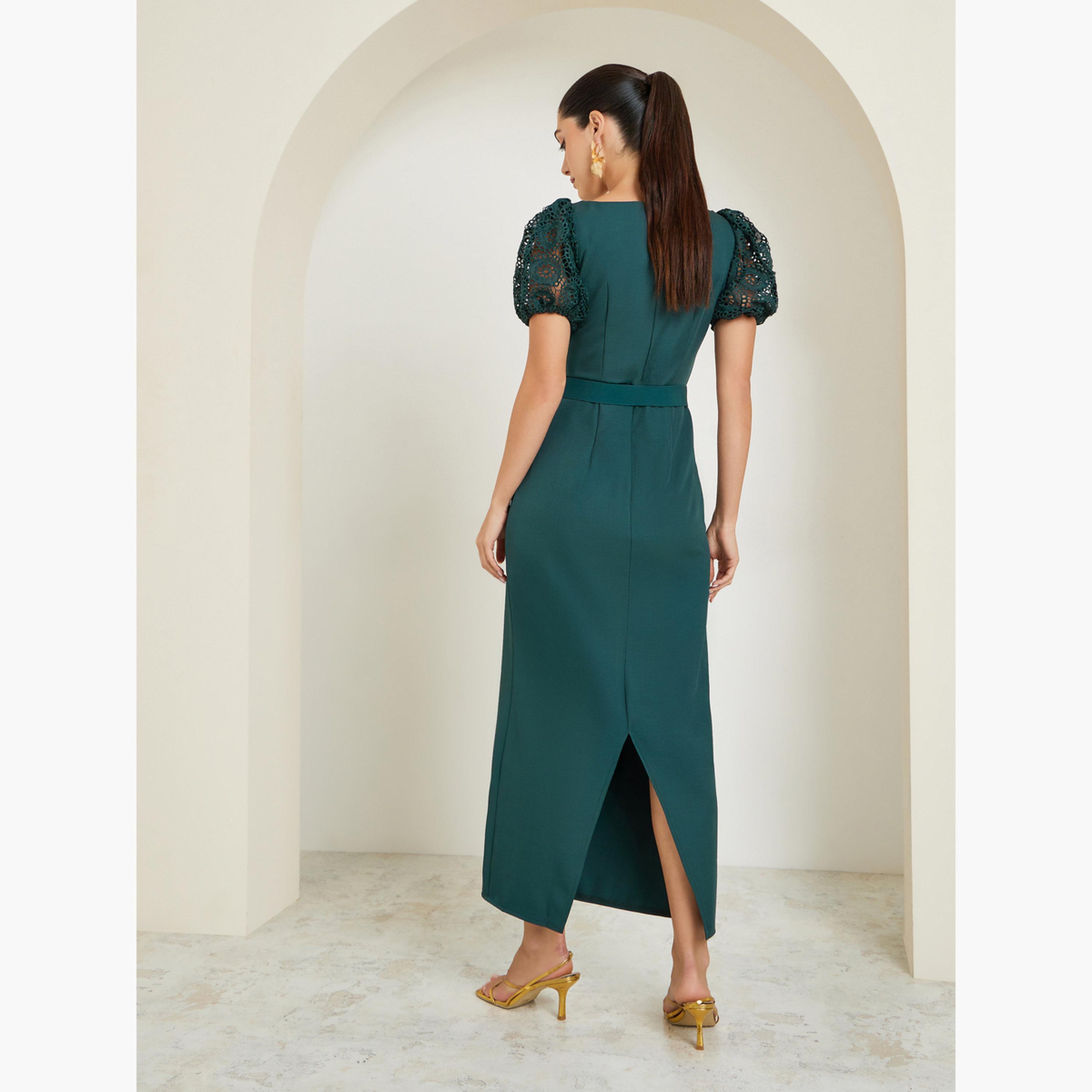 Styli Green Lace Puff Sleeve Belted Sheath Maxi Dress-women-clothing-dresses-image-3