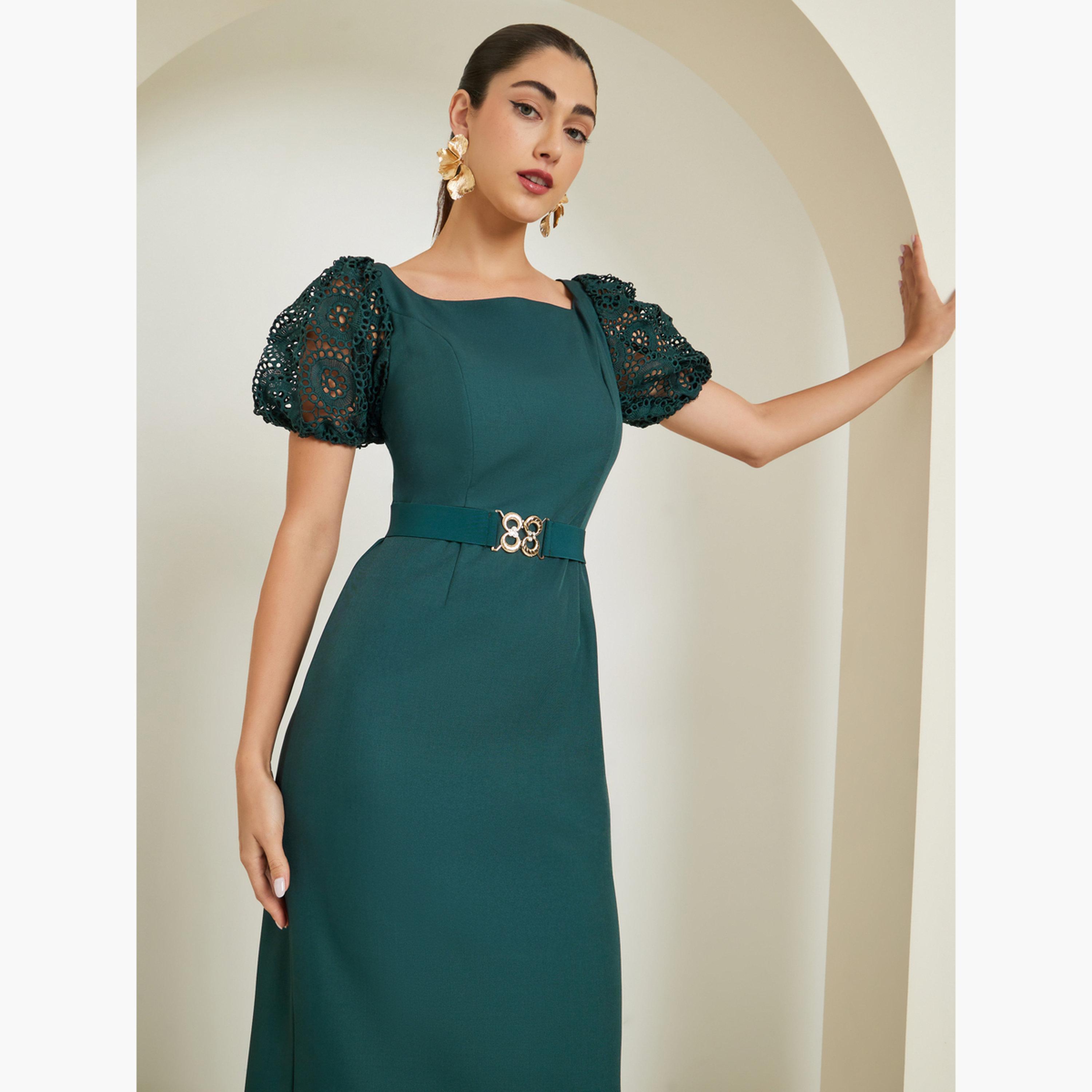 Styli Green Lace Puff Sleeve Belted Sheath Maxi Dress-women-clothing-dresses-image-4