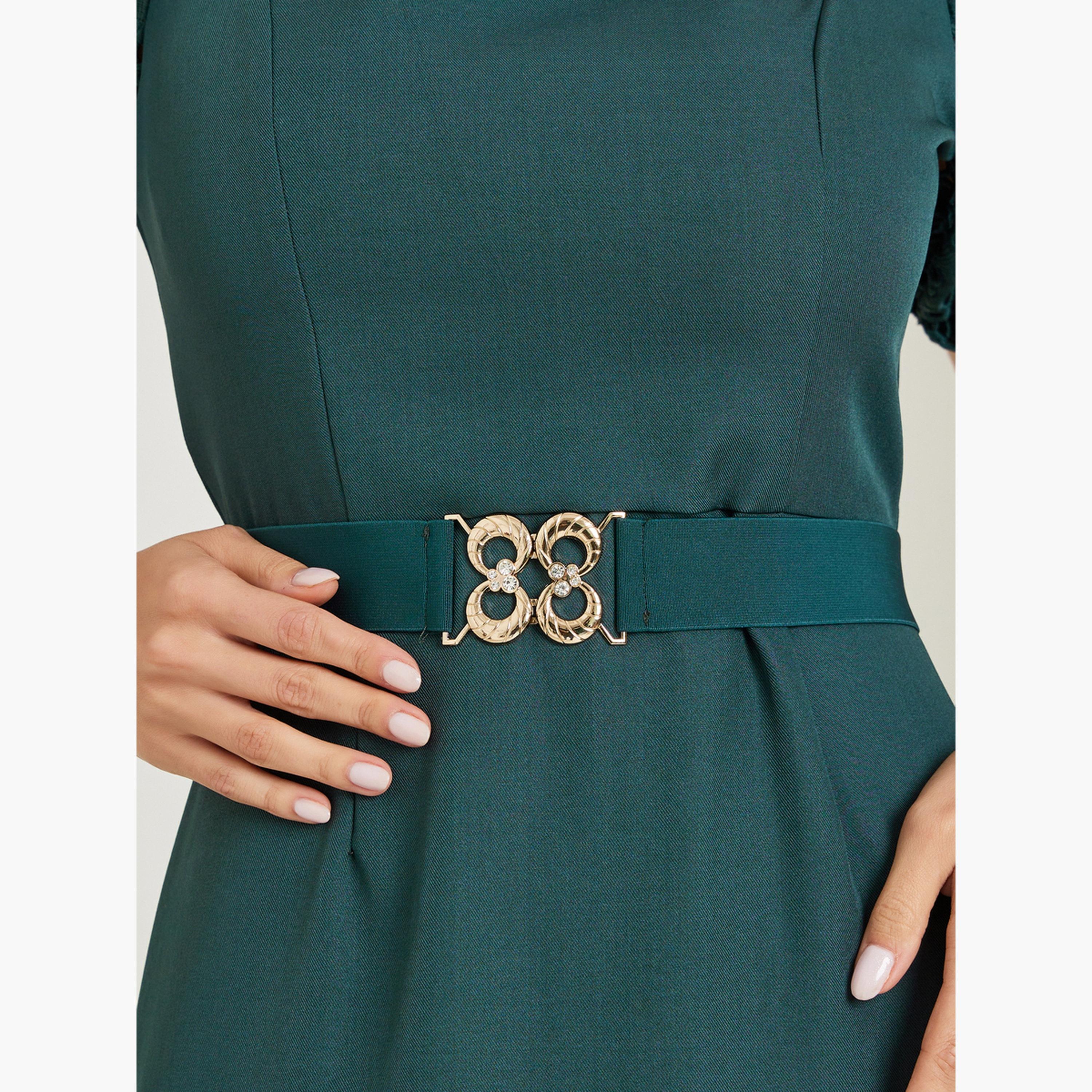 Styli Green Lace Puff Sleeve Belted Sheath Maxi Dress-women-clothing-dresses-image-5