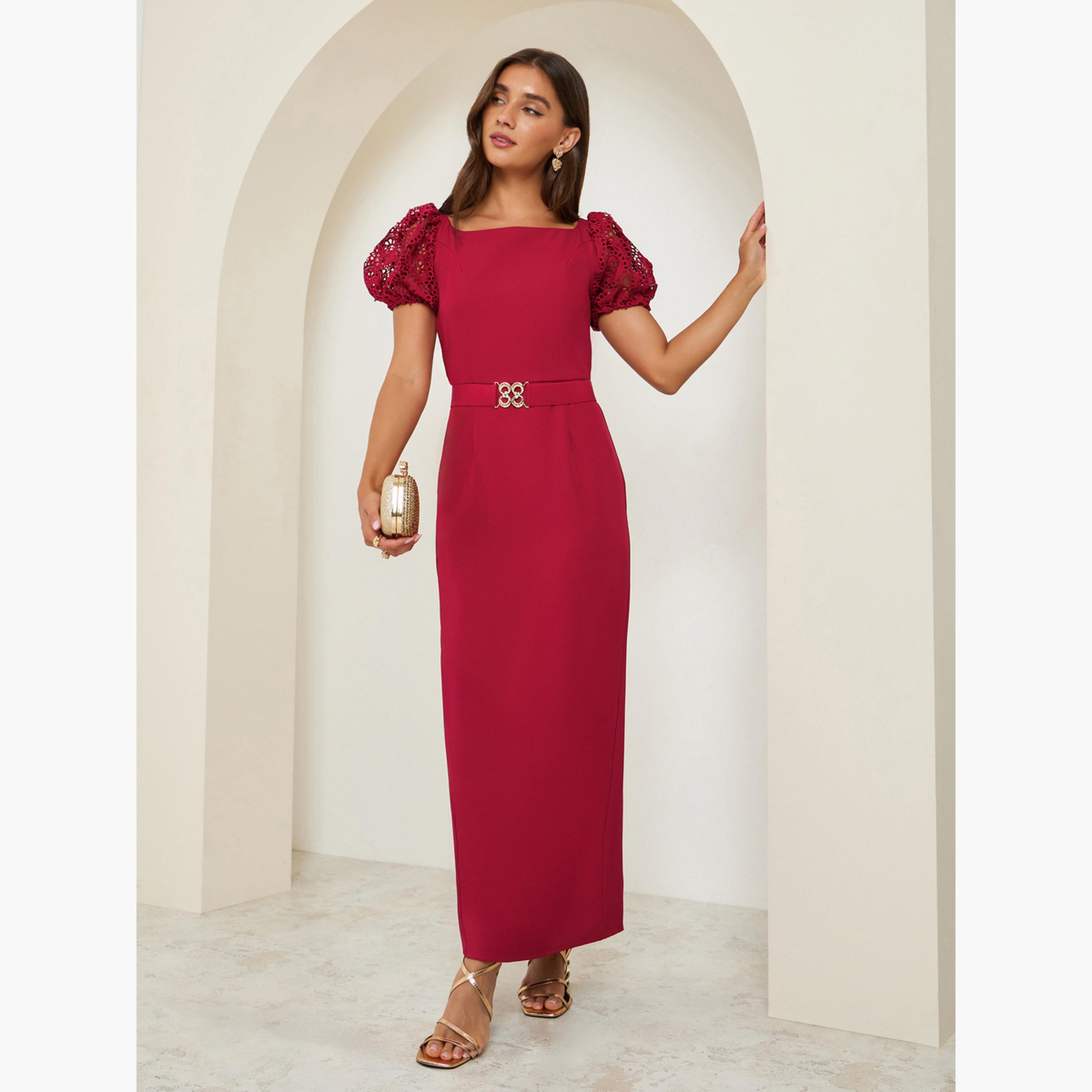 Styli Women Square Neck Belted Sheath Maxi Dress-women-clothing-dresses-image-1