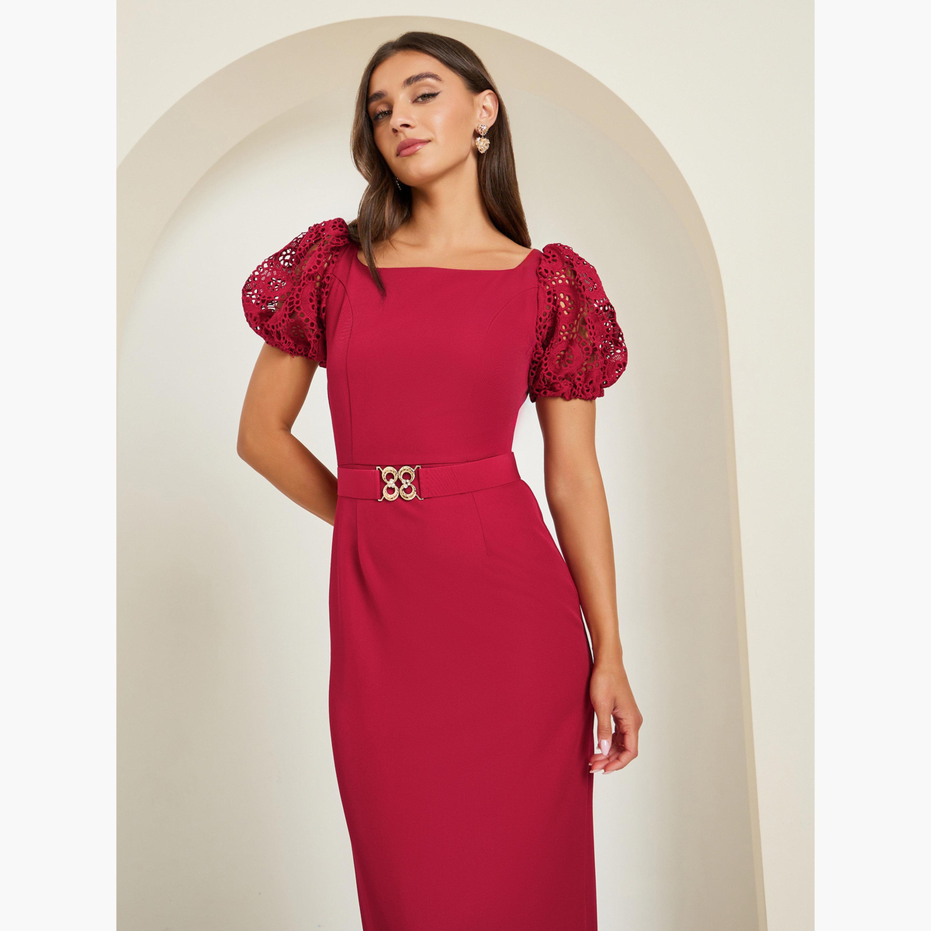 Styli Women Square Neck Belted Sheath Maxi Dress-women-clothing-dresses-image-4