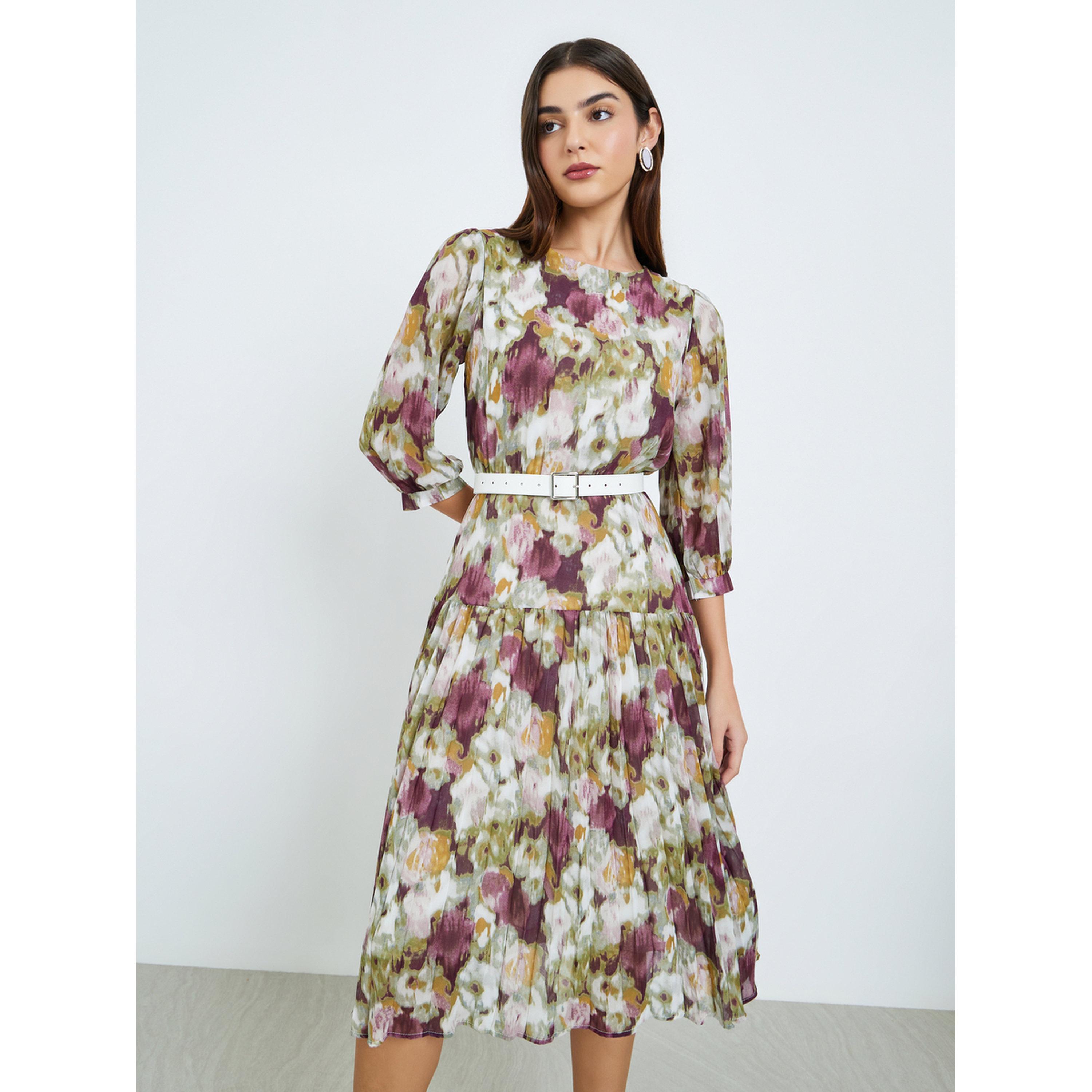 Styli Women Floral Print A-Line Midi Dress with 3/4 Sleeves-women-clothing-dresses-image-1