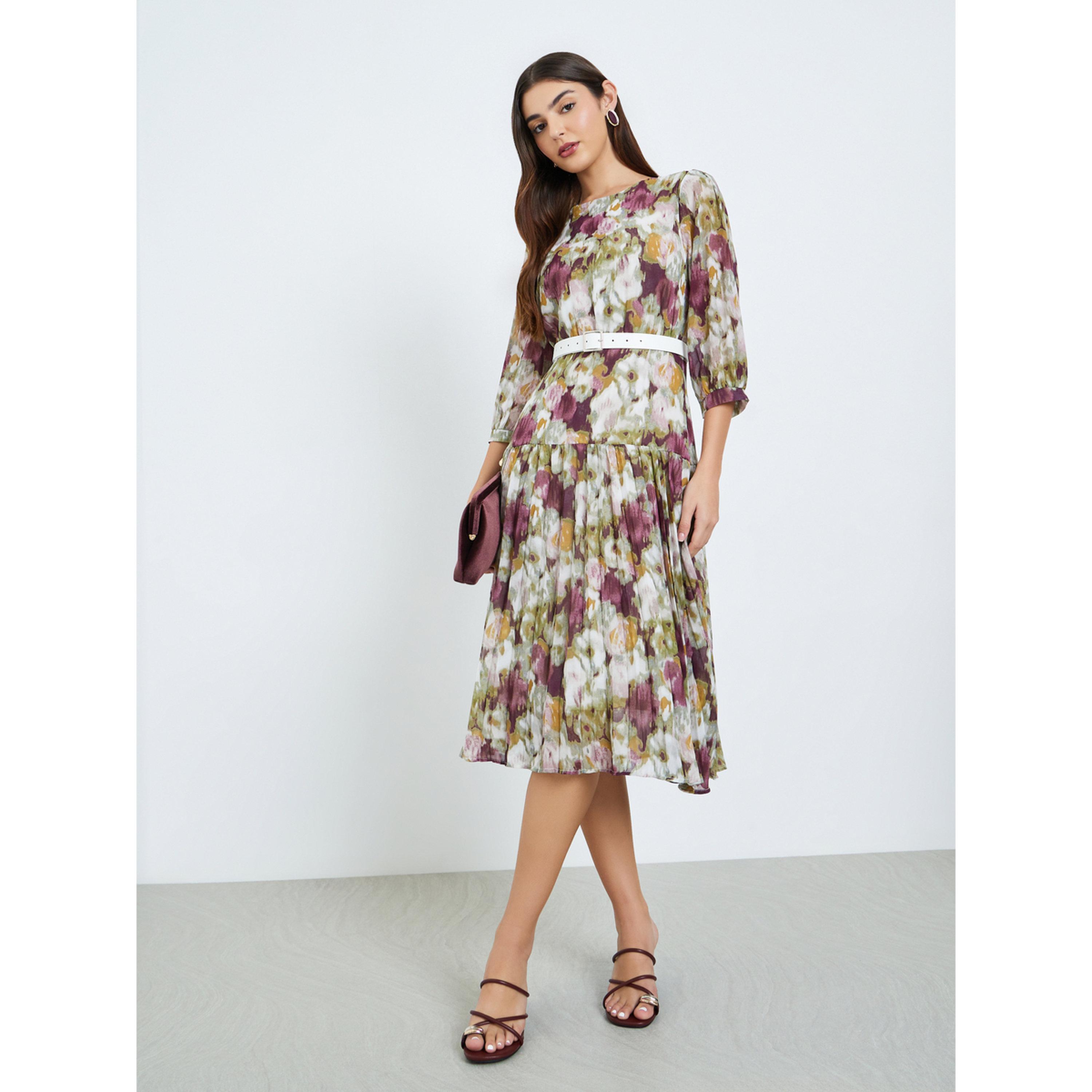 Styli Women Floral Print A-Line Midi Dress with 3/4 Sleeves-women-clothing-dresses-image-2