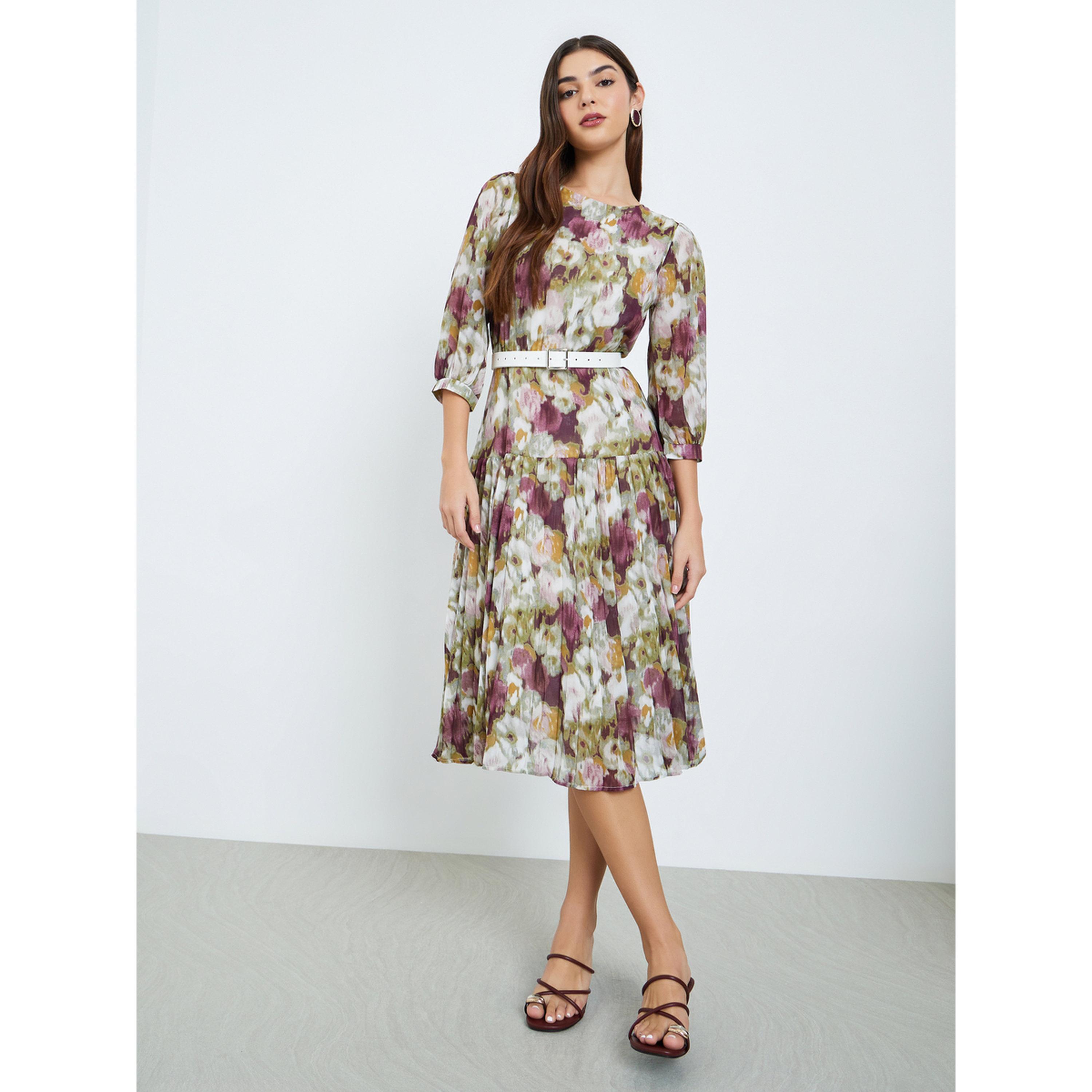 فستان ميدي بطبعة زهور وحافة واسعة مع أكمام 3/4-women-clothing-dresses-image-3