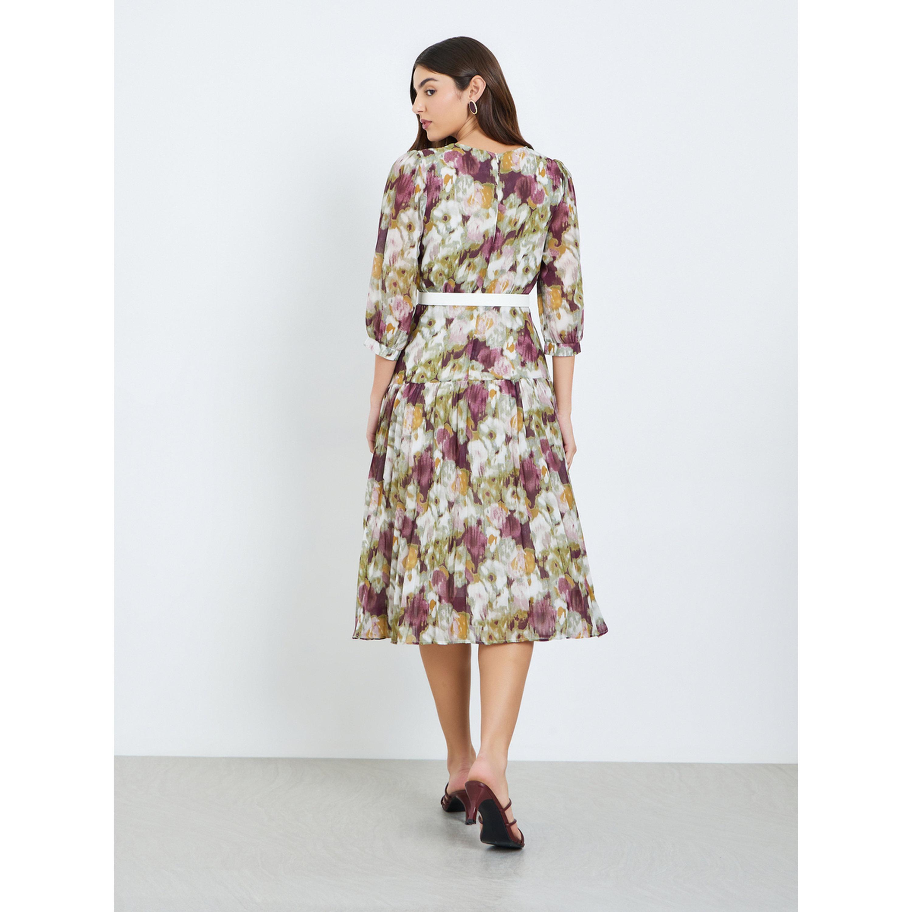 Styli Women Floral Print A-Line Midi Dress with 3/4 Sleeves-women-clothing-dresses-image-4