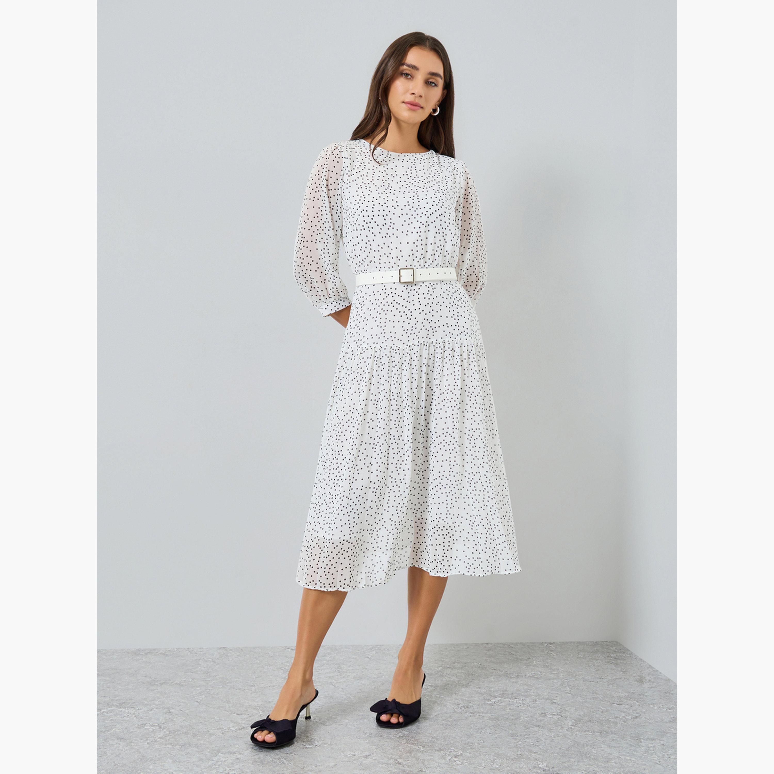 فستان ميدي بحافة واسعة وطبعة نقاط بولكا-women-clothing-dresses-image-1