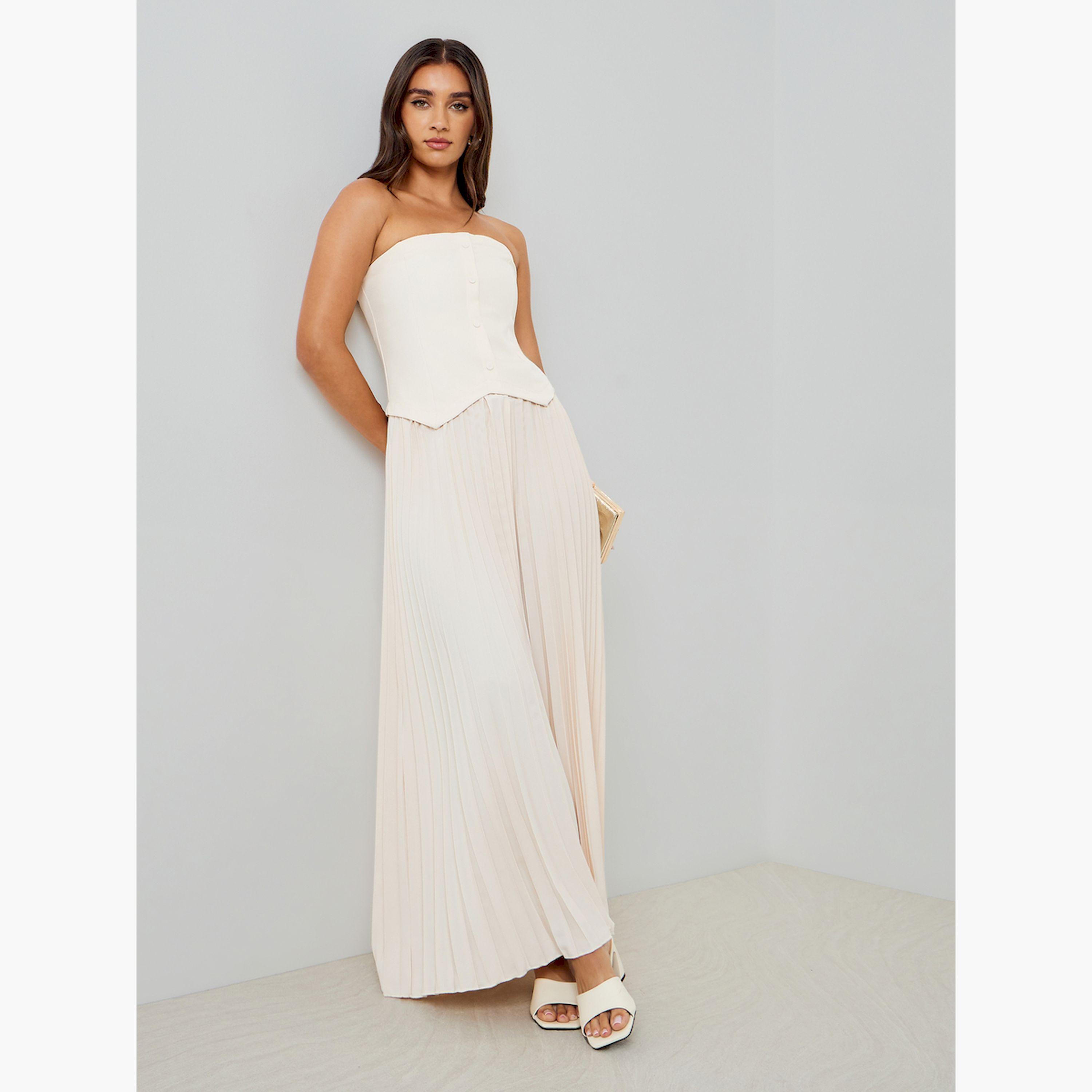 Styli Women Cream Bandeau Pleated Maxi Dress-women-clothing-dresses-image-2
