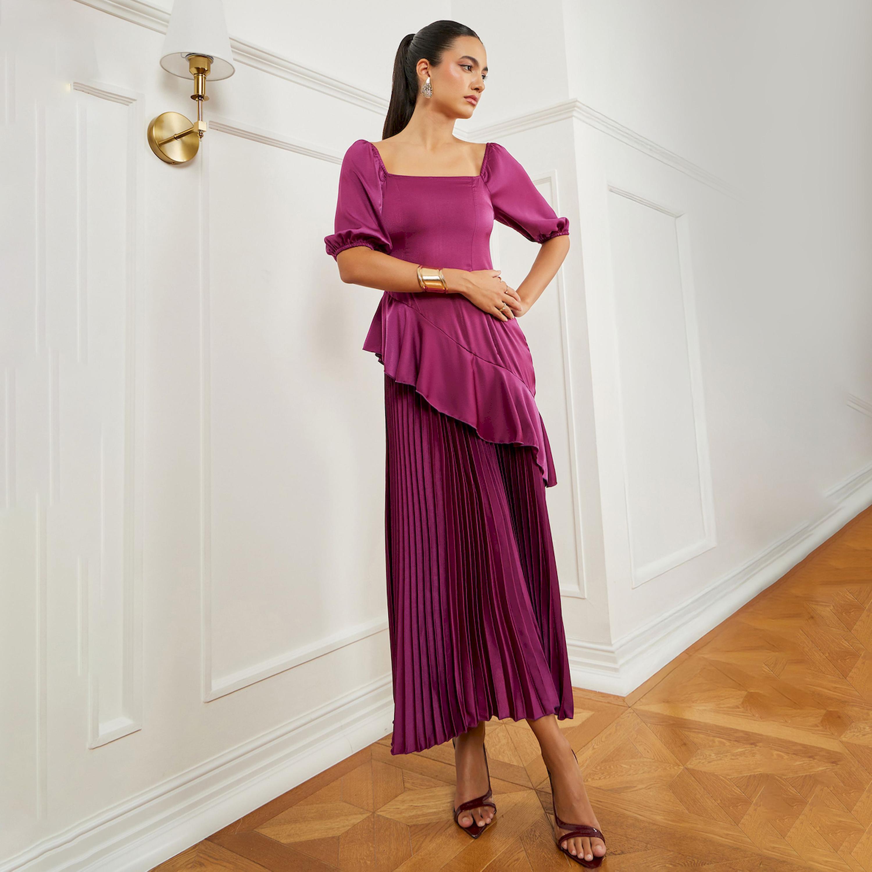 فستان طويل بأكمام منفوخة وكسرات-women-clothing-dresses-image-1