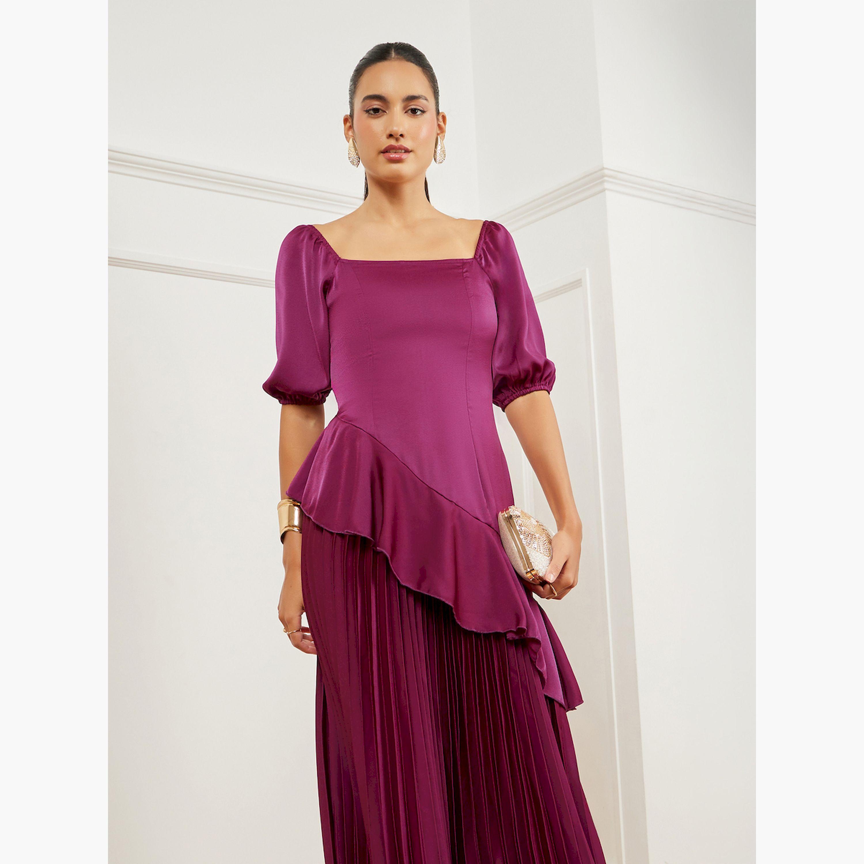 Styli Burgundy Balloon Sleeves Pleated Maxi Dress-women-clothing-dresses-image-2