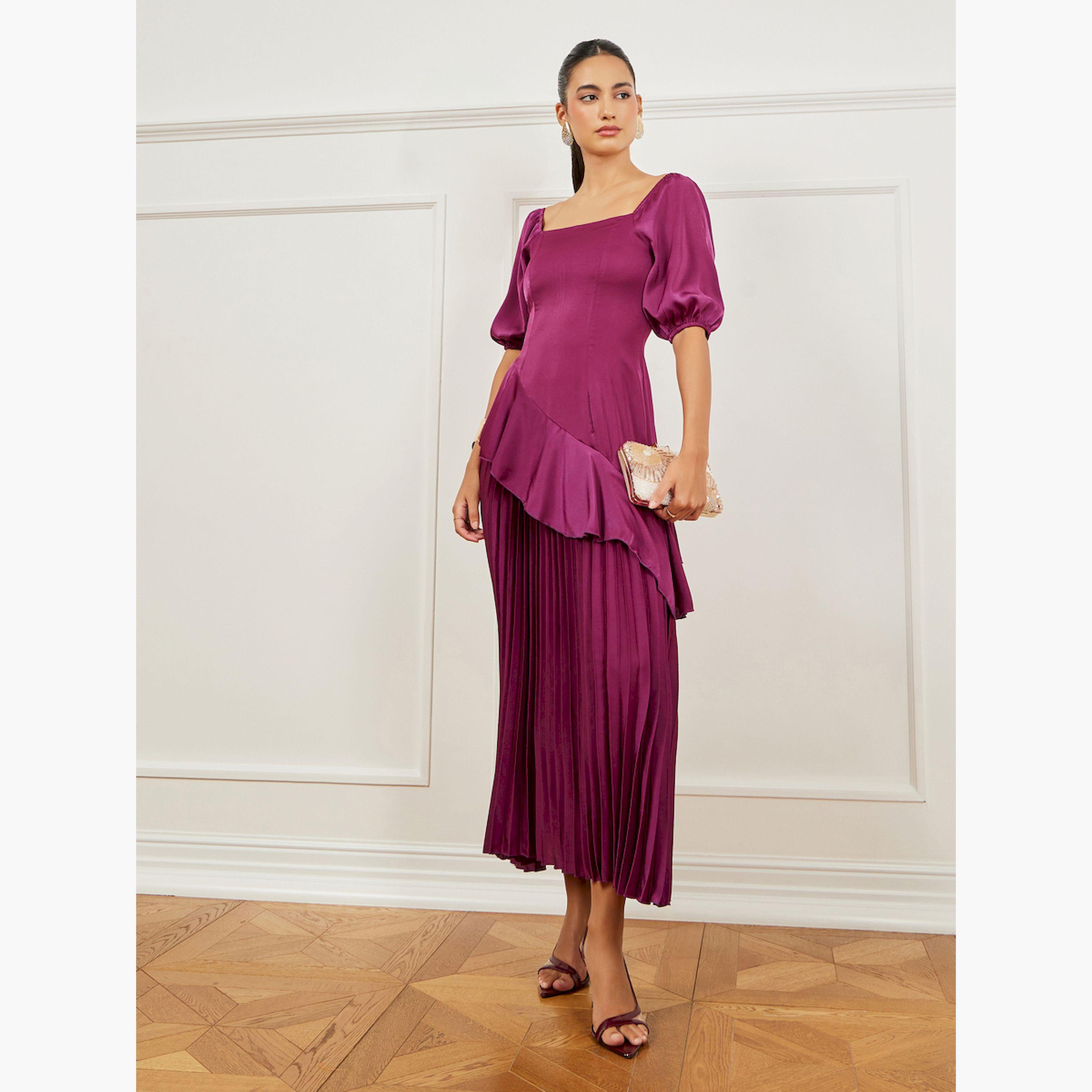 Styli Burgundy Balloon Sleeves Pleated Maxi Dress-women-clothing-dresses-image-3