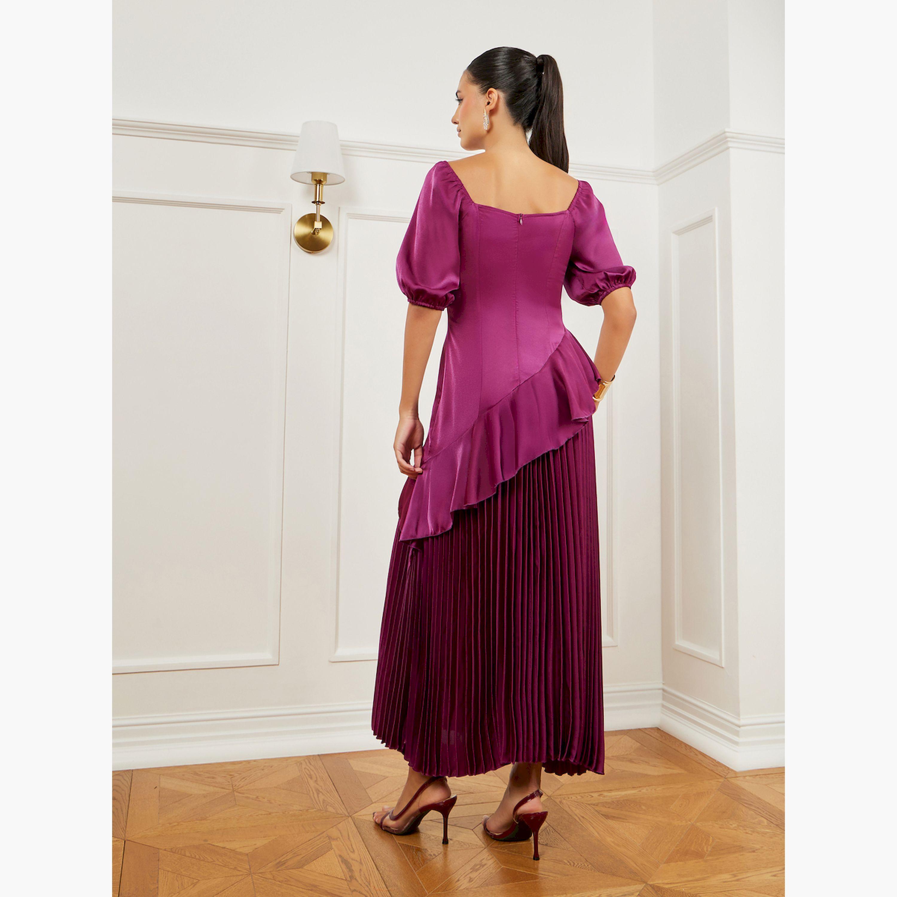 Styli Burgundy Balloon Sleeves Pleated Maxi Dress-women-clothing-dresses-image-4